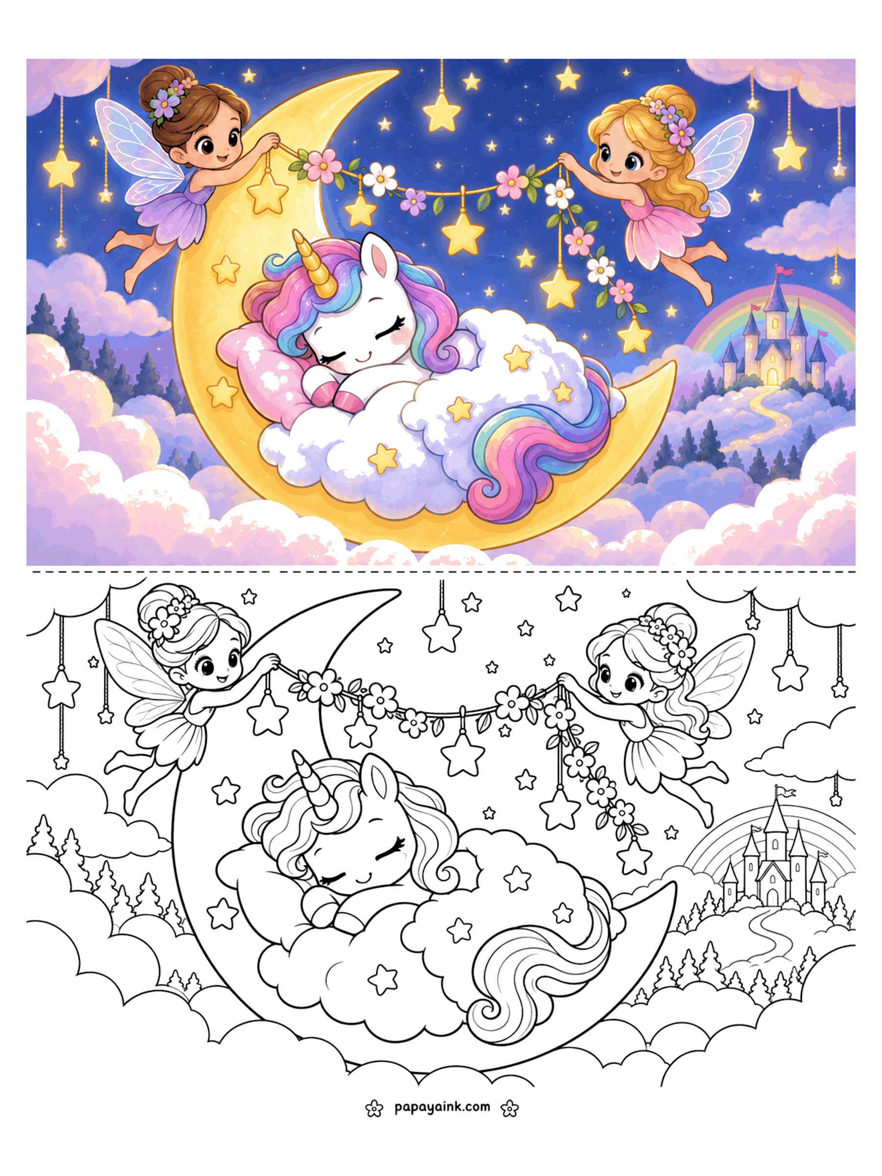 Cute Unicorn Coloring Pages - A unicorn naps on a cloud pillow inside a crescent moon while two fairies hang a flower garland between the stars.