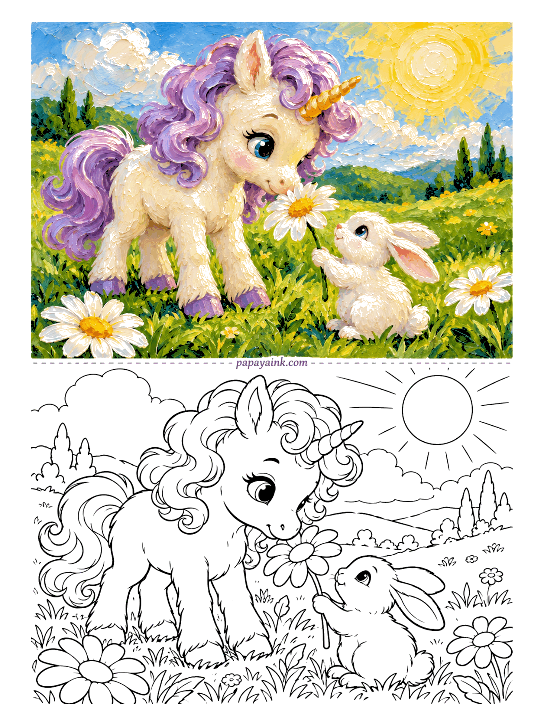 Cute Unicorn Coloring Pages - Smelling a daisy takes full concentration, especially when a bunny is holding up the stem to help. Thick, oil-paint curls in the mane and a big sun over rolling hills. Short, choppy strokes suit this one.