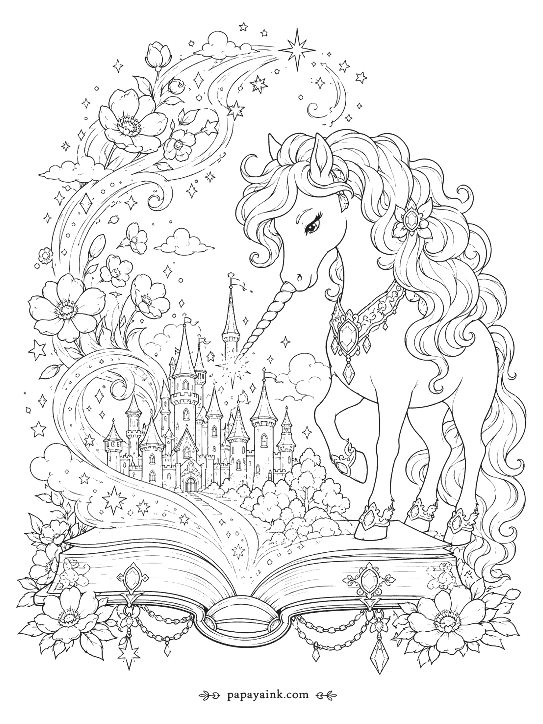 Unicorn Coloring Pages - Magical Unicorn Coloring Page: Storybook Castle Rising from the Pages (Detailed)