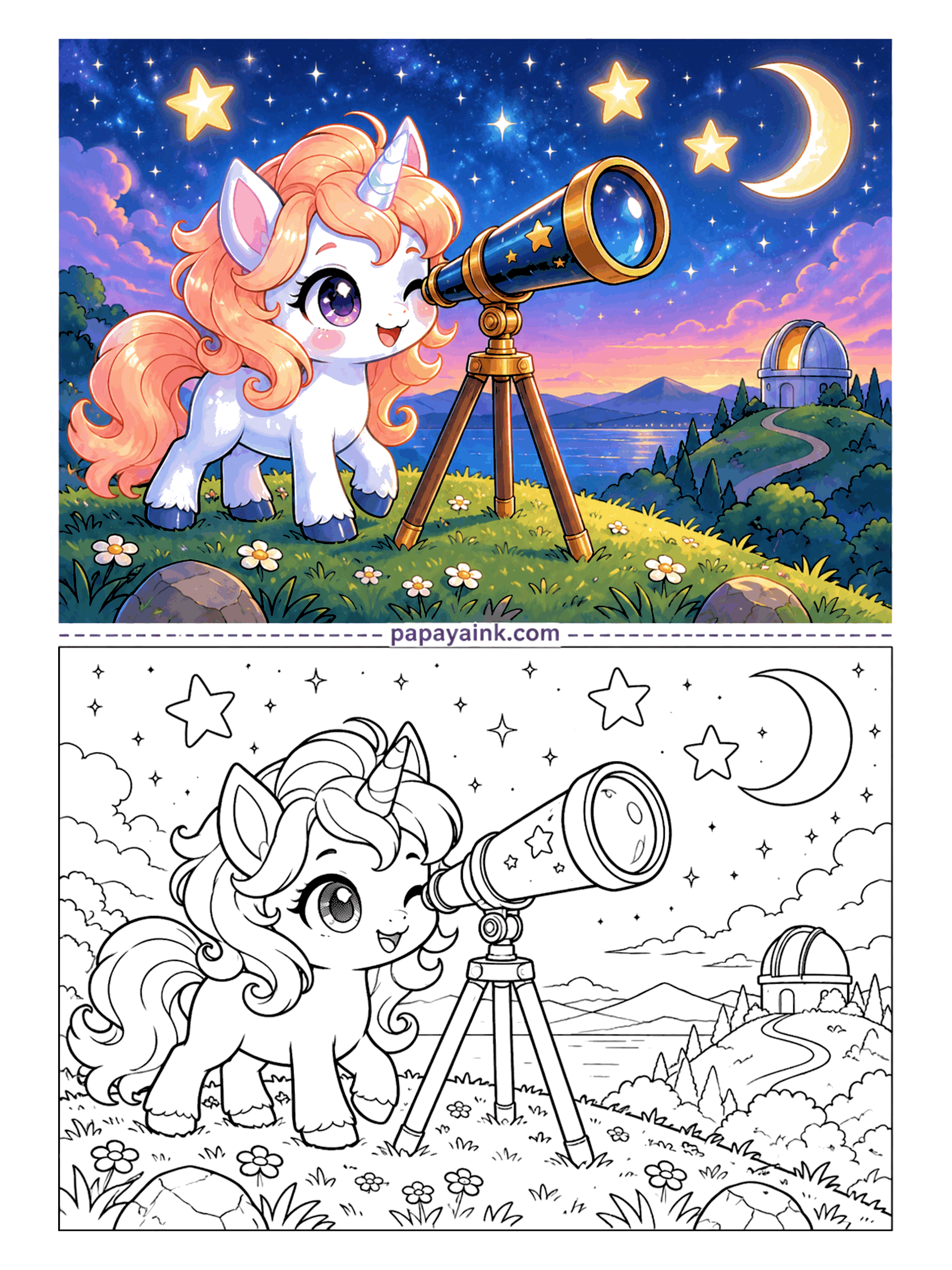Cute Unicorn Coloring Pages - Tonight's plan is stargazing. A wide-eyed unicorn winks into a telescope on a grassy hill, with a crescent moon overhead and a domed observatory in the distance. A dark blue sky makes the stars glow.