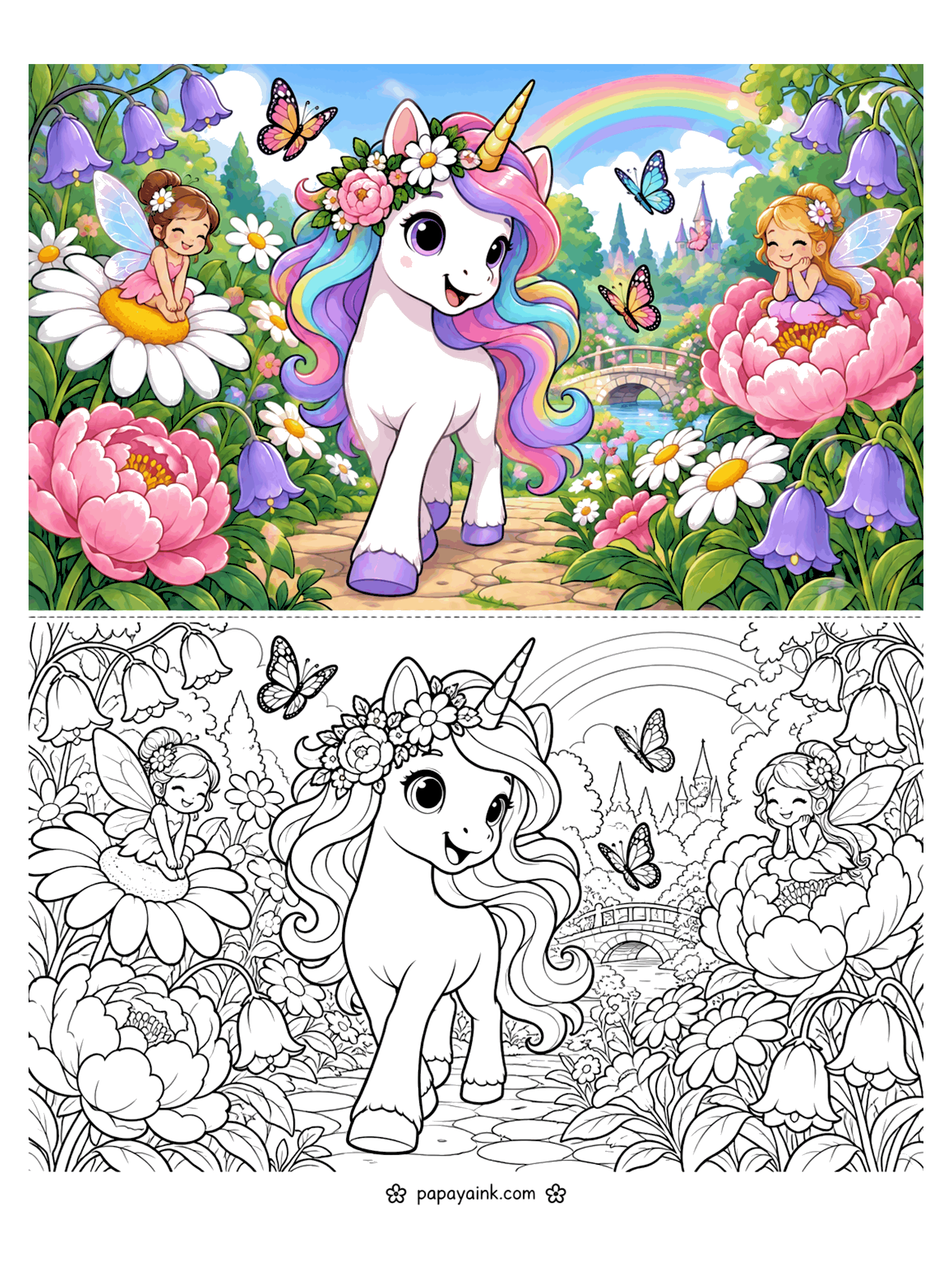 Cute Unicorn Coloring Pages - A unicorn walks a stone path between giant peonies, daisies and bluebells while two fairies rest on the blossoms. Detailed.