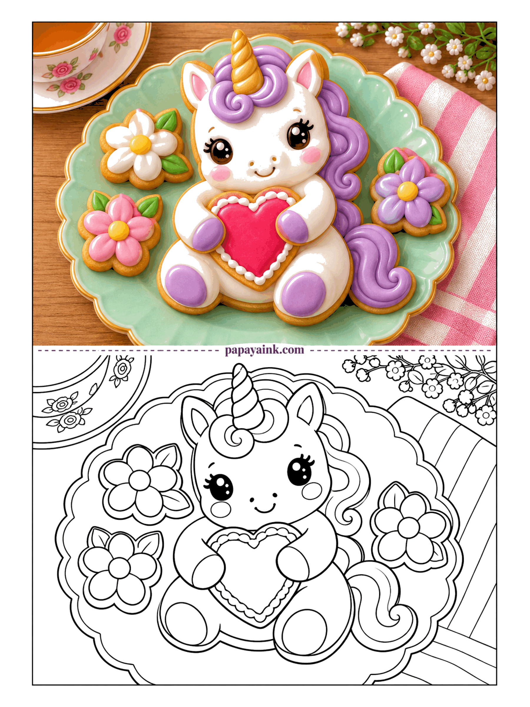 Cute Unicorn Coloring Pages - Almost too pretty to eat. This unicorn is a sugar cookie holding a heart cookie, set on a scalloped plate between three flower cookies, with a teacup at the edge. Smooth icing colors, no shading needed.
