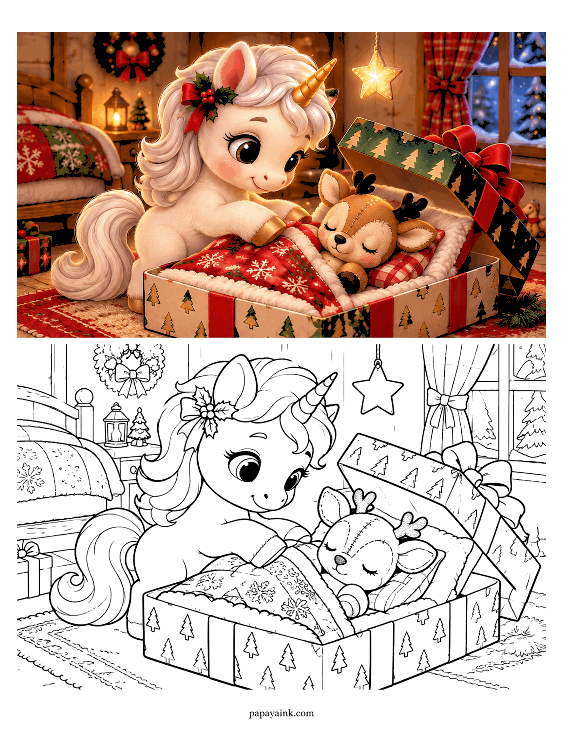 Cute Christmas Coloring Pages - A unicorn tucks a sleeping reindeer plush into a gift box lined with a quilt, with a star lamp glowing above.