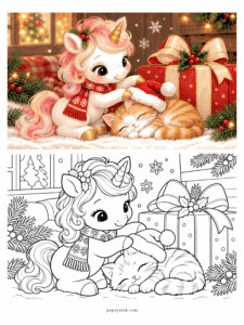 Cute Christmas Coloring Pages - A unicorn in a red scarf gently tucks a Santa hat over a sleeping ginger kitten beside a big wrapped present.