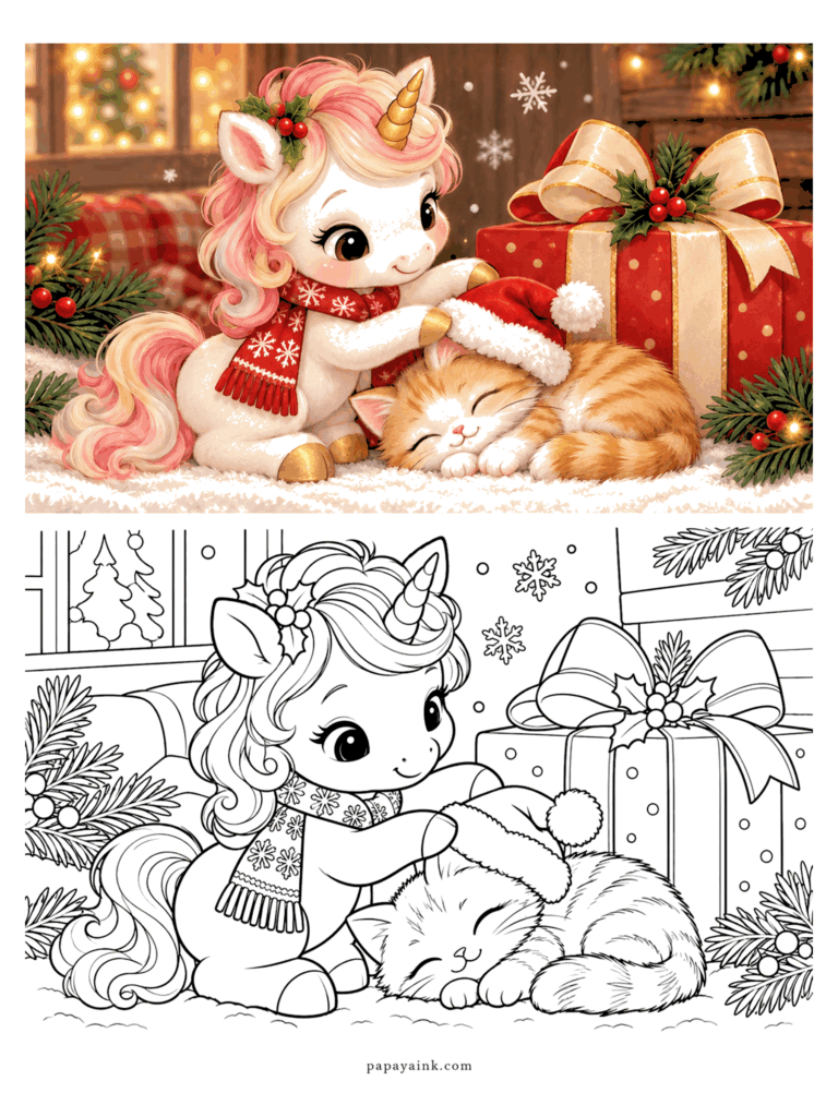 Cute Christmas Coloring Pages - A unicorn in a red scarf gently tucks a Santa hat over a sleeping ginger kitten beside a big wrapped present.