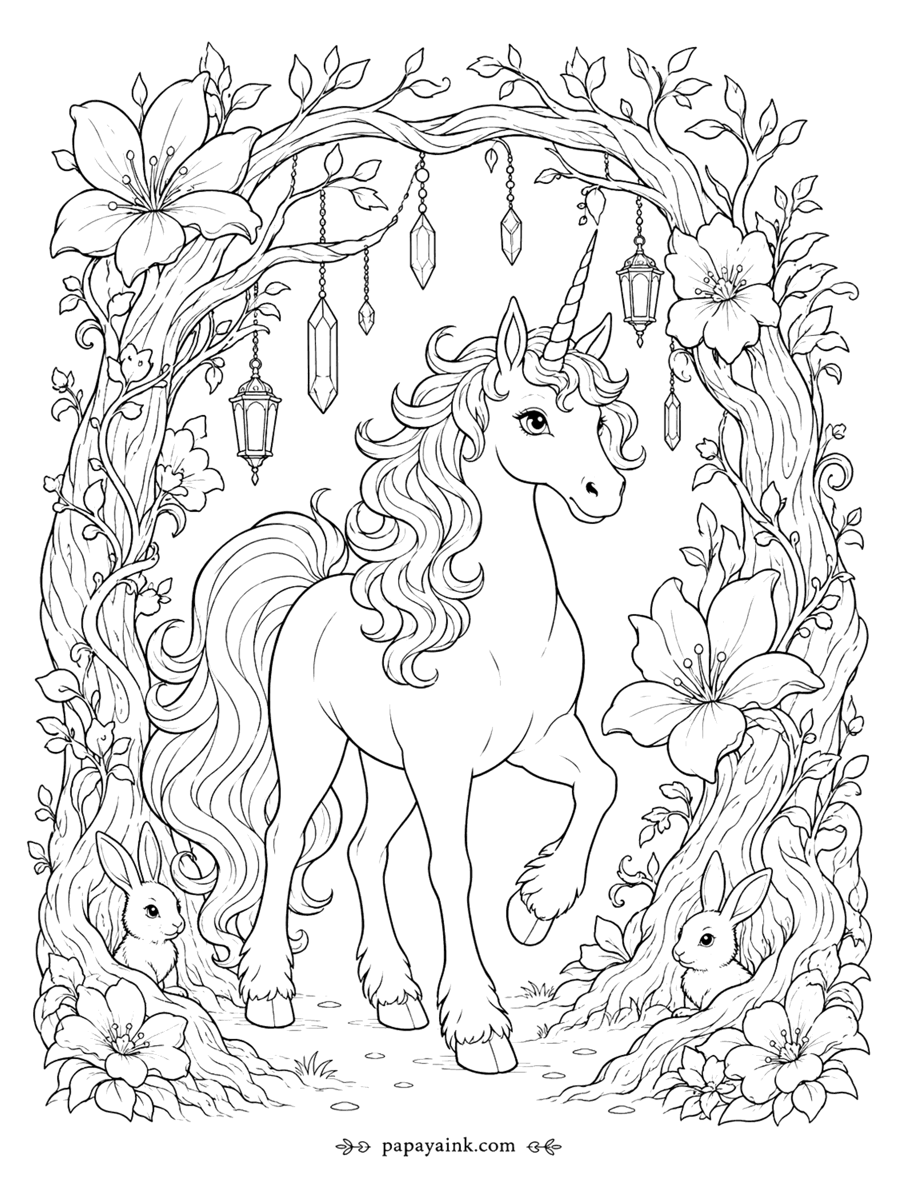 Unicorn Coloring Pages - Unicorn Coloring Page: Flowering Arch with Lanterns and Bunnies (Detailed)
