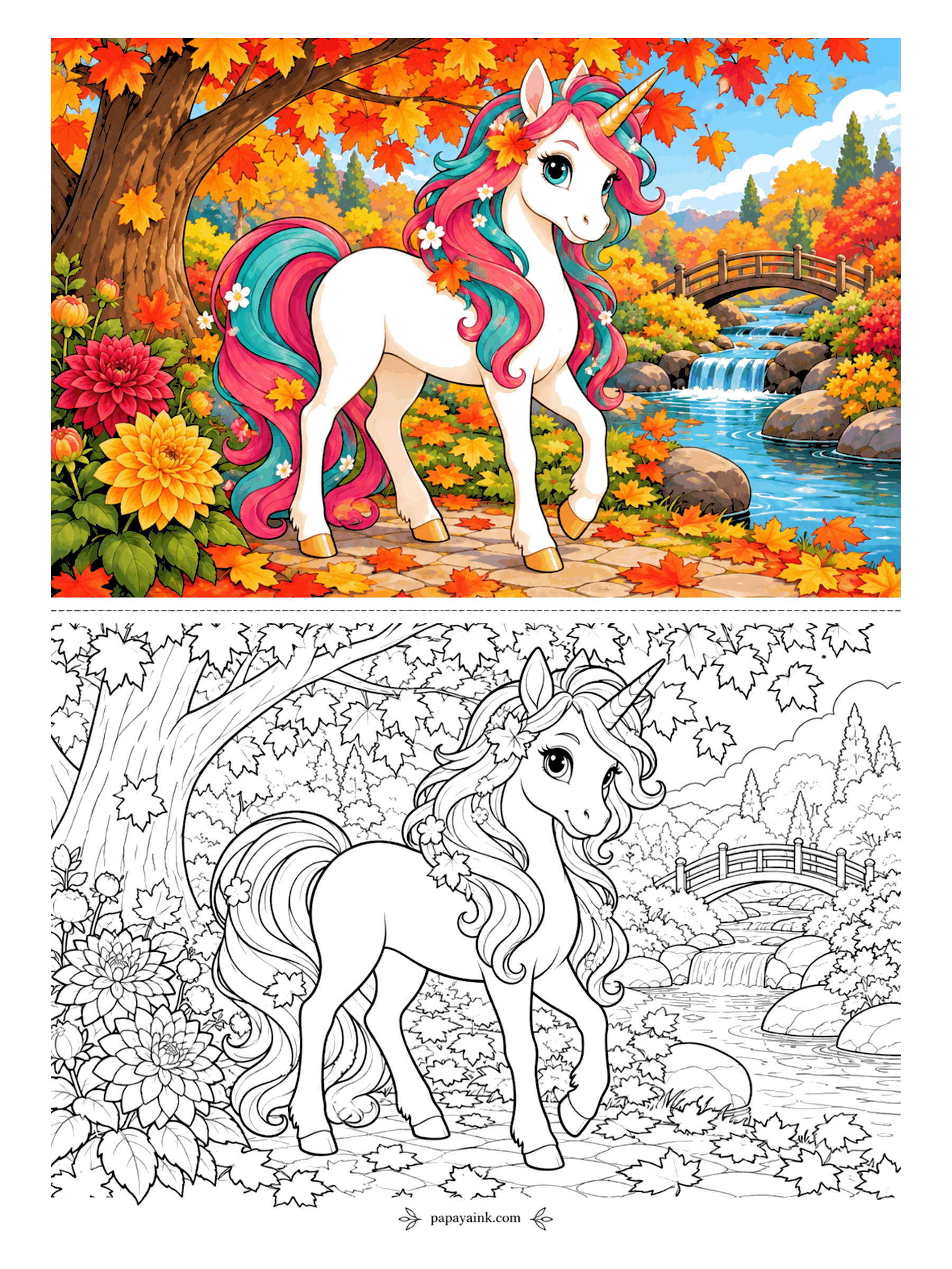 Unicorn Coloring Pages - Maple leaves everywhere: on the ground, in the mane, drifting over the stream and the little wooden bridge. The unicorn stands at the trunk with chrysanthemums at her feet. Orange, red and gold, plus a leaf or two still green. Detailed.
