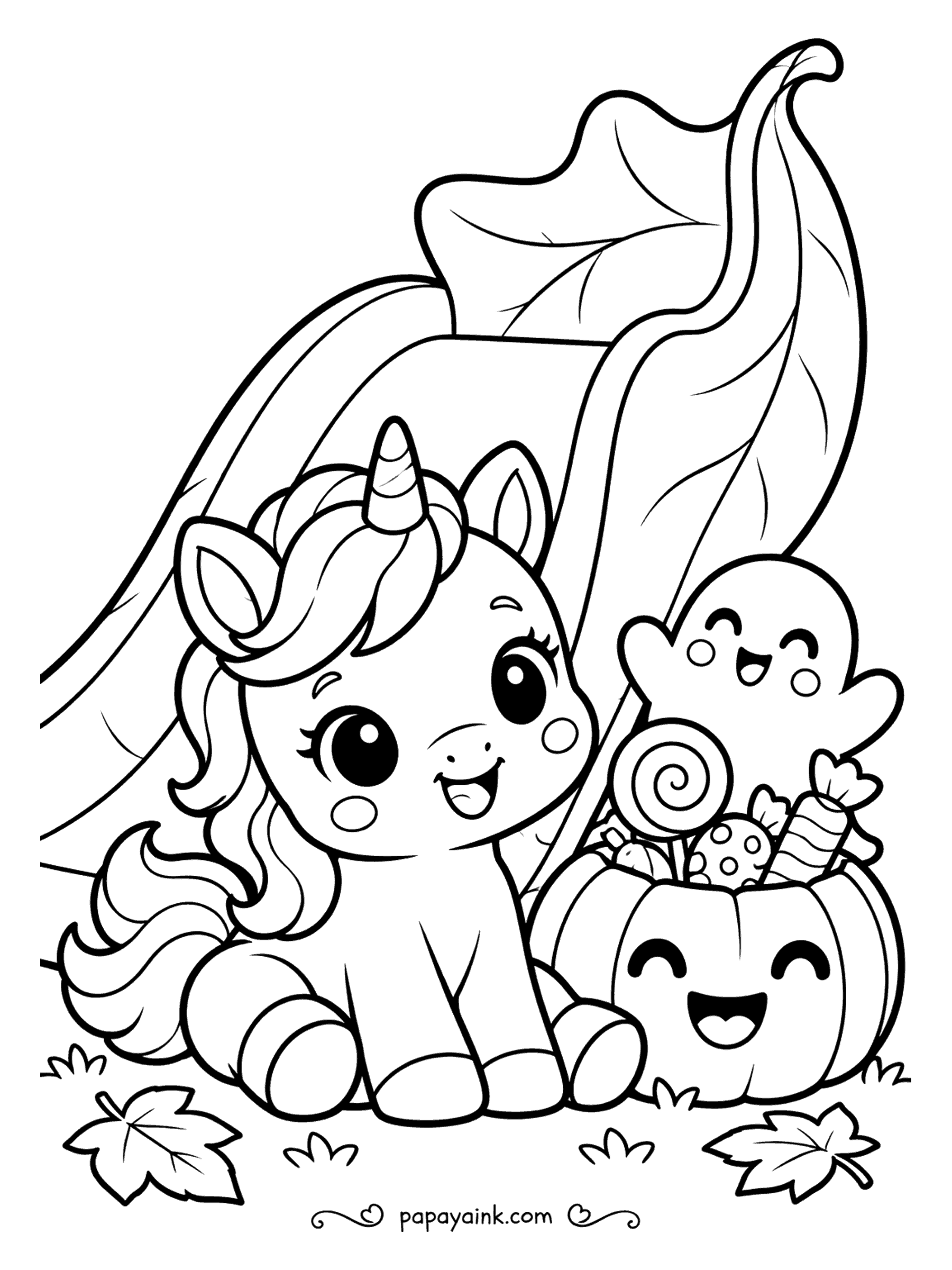 Easy Cute Halloween Coloring Pages - Sheltered by a leaf as tall as a tent, the little unicorn sits beside a pumpkin bucket packed with candy, and the ghost waves from behind it. Mane, candies and a big leaf give you three different textures to play with.