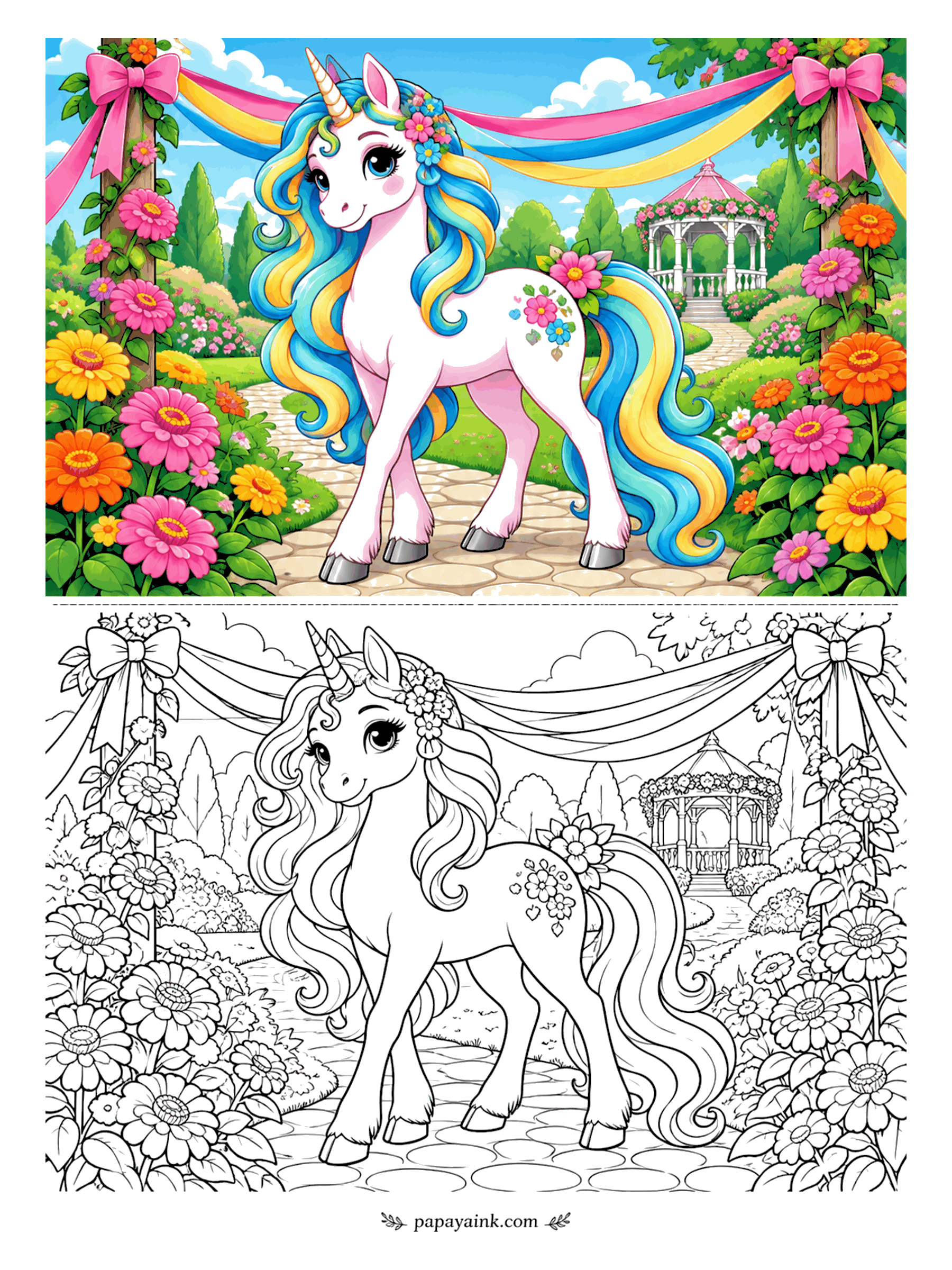 Unicorn Coloring Pages - Ribbons in pink, blue and yellow swag between two flower-covered poles over the path to the gazebo. The unicorn has zinnias in her mane and a flower mark on her hip. Hot colors for the zinnias, and the ribbons stay flat. Detailed.