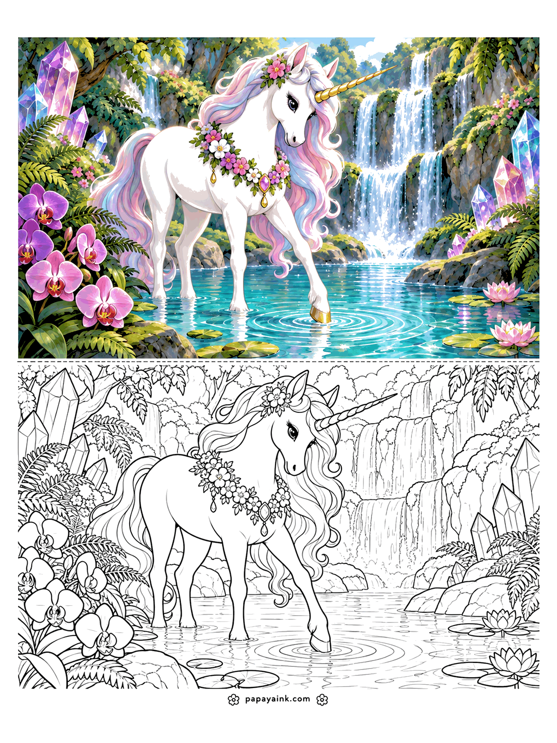 Unicorn Coloring Pages - Unicorn Coloring Page with Color Sample: a unicorn in a flower garland steps into a turquoise lagoon beneath tiered waterfalls, framed by orchids, ferns, lotus flowers and giant crystals. Detailed.