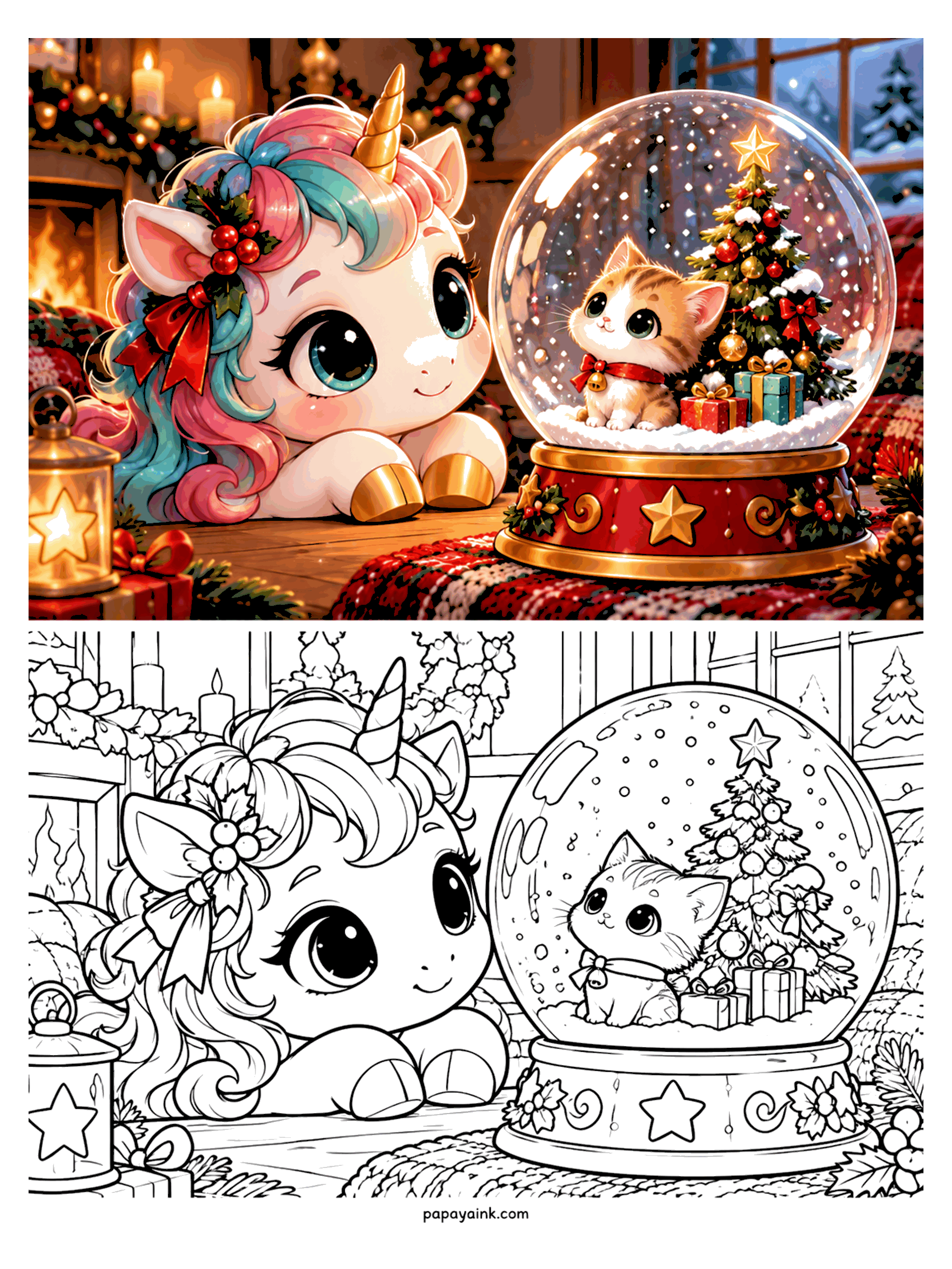 Cute Christmas Coloring Pages - A rainbow-maned unicorn rests its chin on the table and watches a kitten by a tiny Christmas tree inside a snow globe. Detailed.