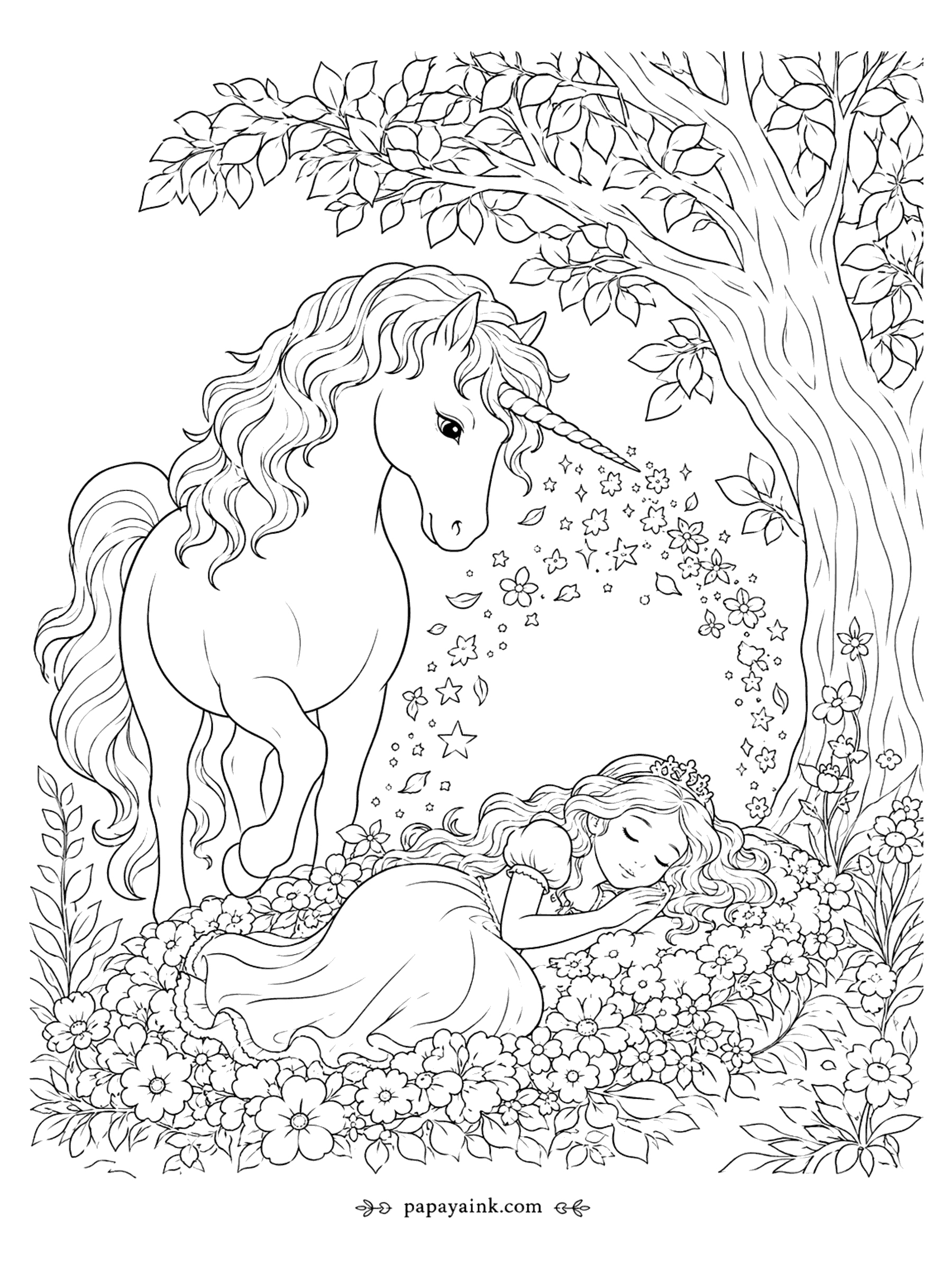 Unicorn Coloring Pages - Unicorn Coloring Page: Watching Over a Sleeping Princess in a Flower Meadow