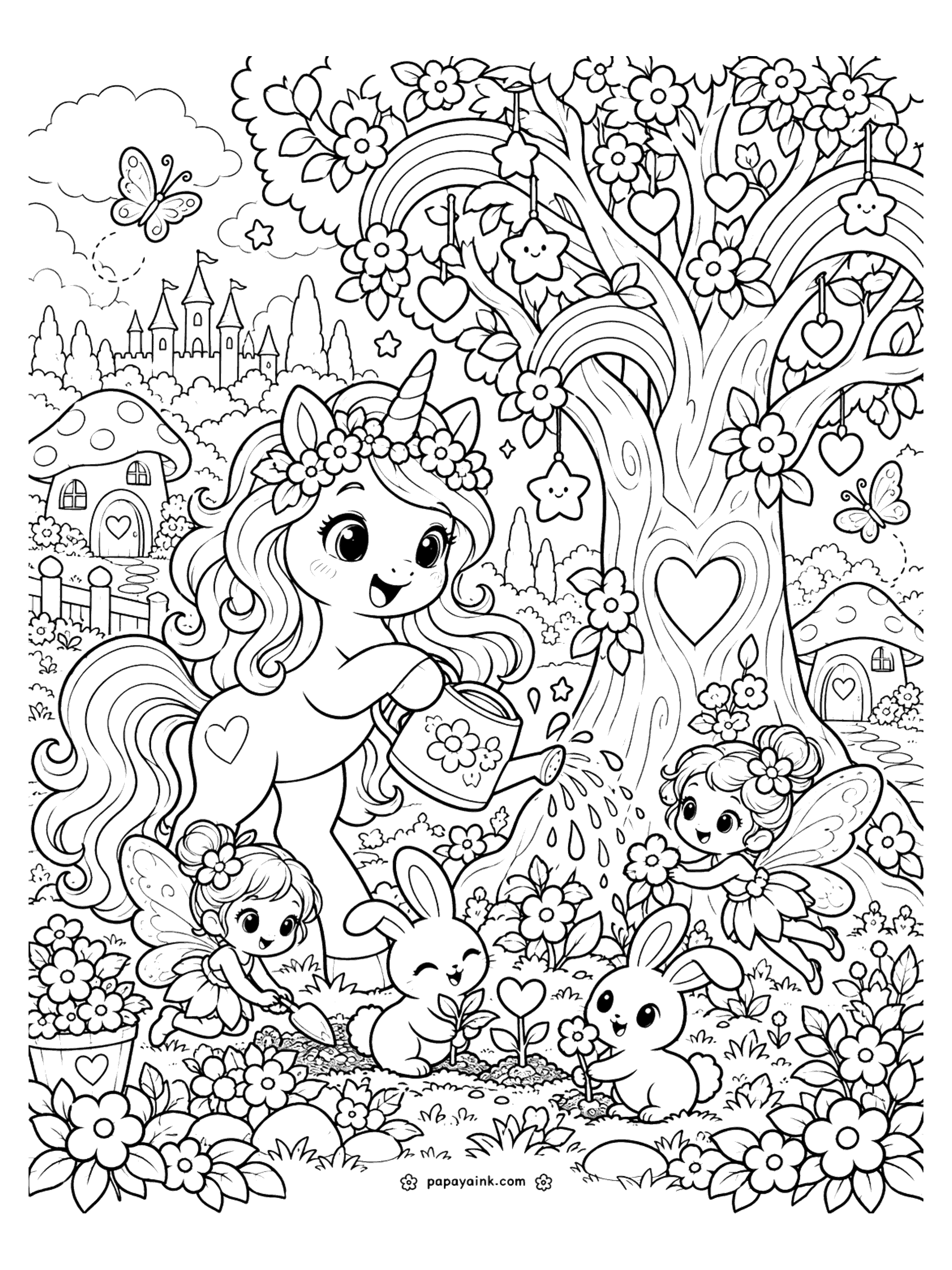 Cute Unicorn Coloring Pages - A unicorn waters a big tree hung with hearts and stars while two fairies and two bunnies plant flowers around mushroom houses. Detailed.
