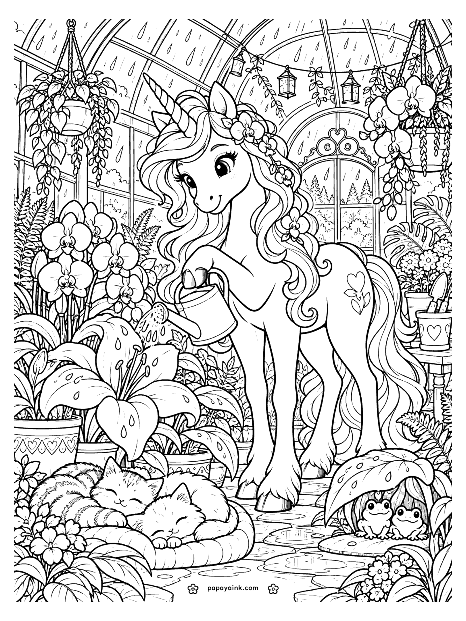 Cute Unicorn Coloring Pages - A unicorn waters a big lily in a glass greenhouse on a rainy day, with orchids, hanging baskets, two cats asleep in a basket and two frogs sheltering under a leaf. Detailed.