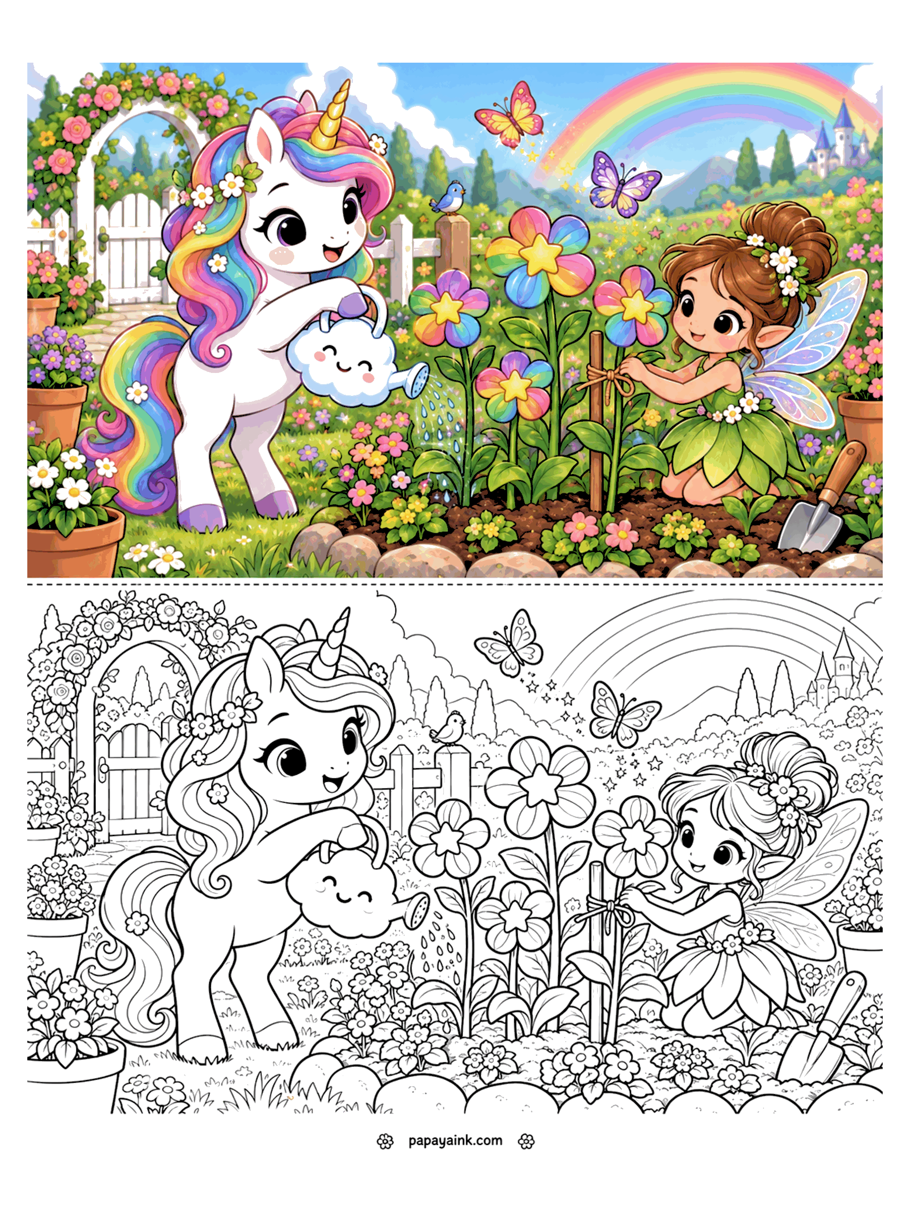 Cute Unicorn Coloring Pages - A unicorn waters rainbow flowers with a cloud-shaped can while a fairy ties a stem to a stake in a fenced garden. Detailed.
