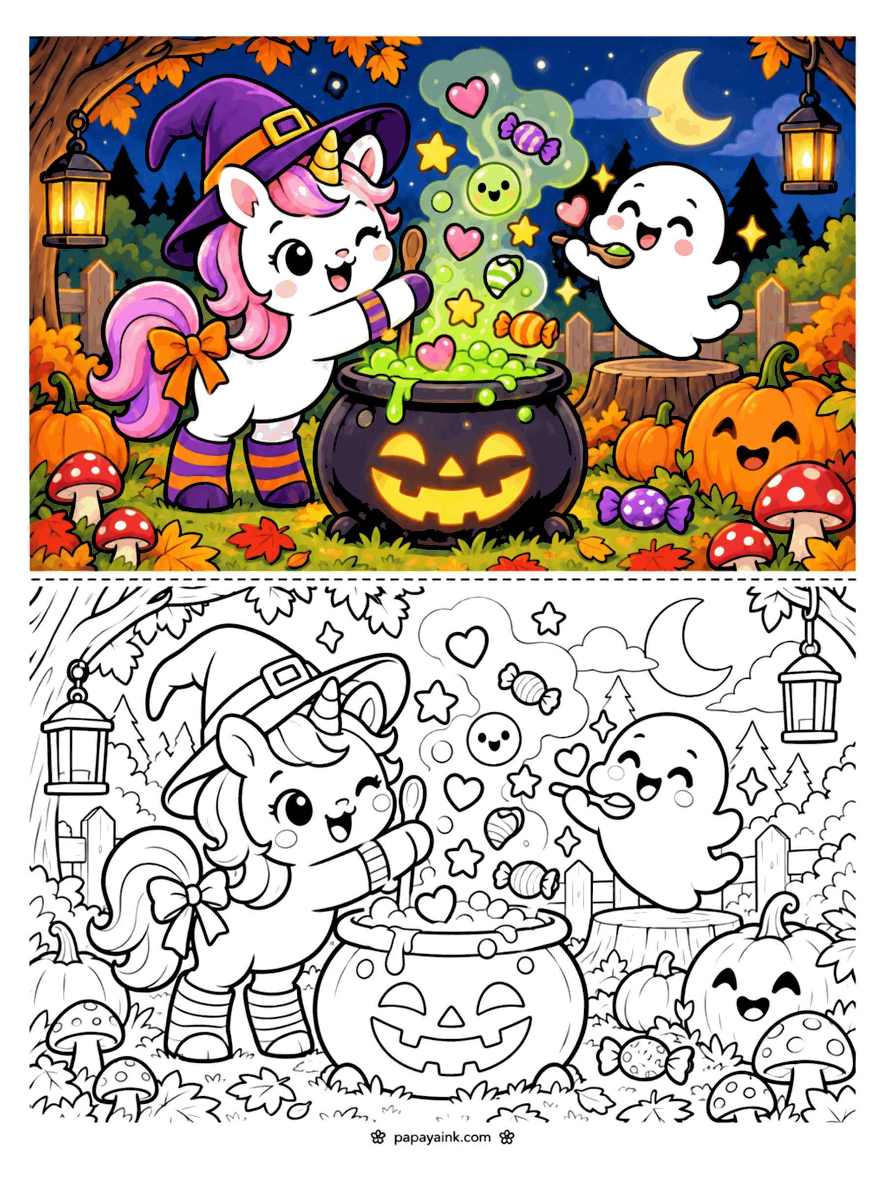 Easy Cute Halloween Coloring Pages - Unicorn witch stirring a bubbling pumpkin cauldron while a ghost tastes the potion