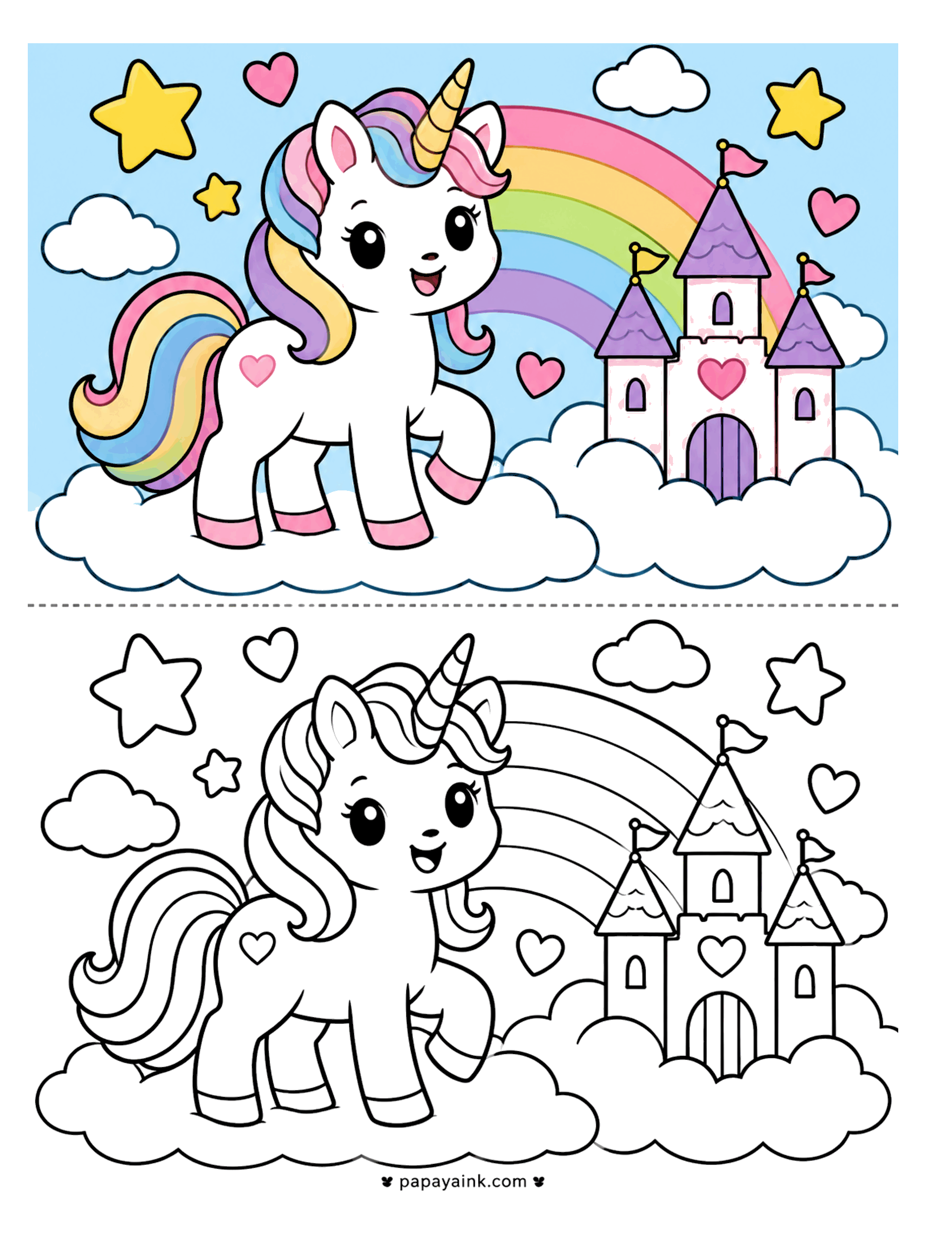 Copy Coloring Pages - Copy coloring page of a unicorn on a cloud with a rainbow, stars and a pink castle