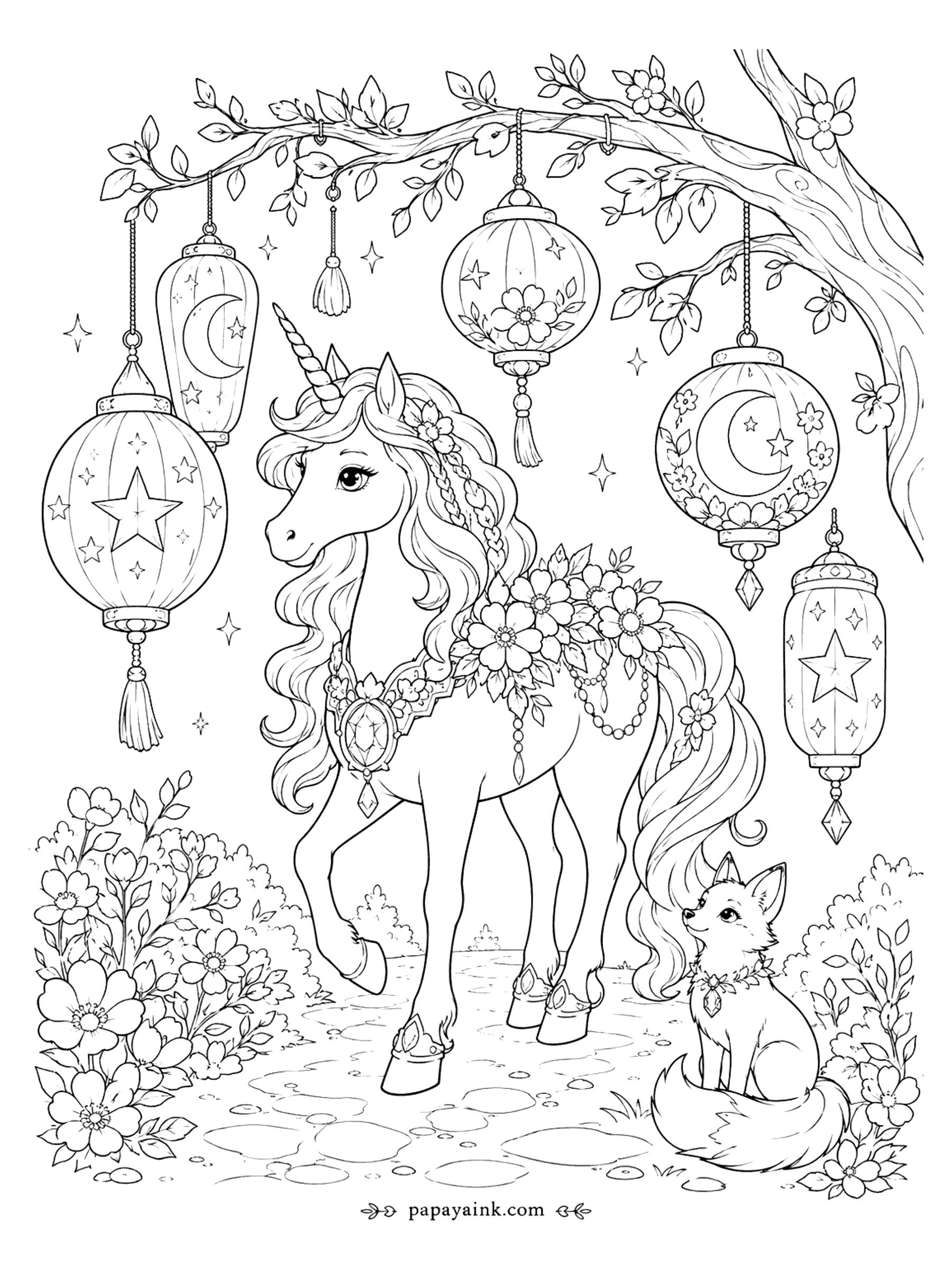 Unicorn Coloring Pages - Unicorn Coloring Page: Moon and Star Lanterns with a Fox (Detailed)