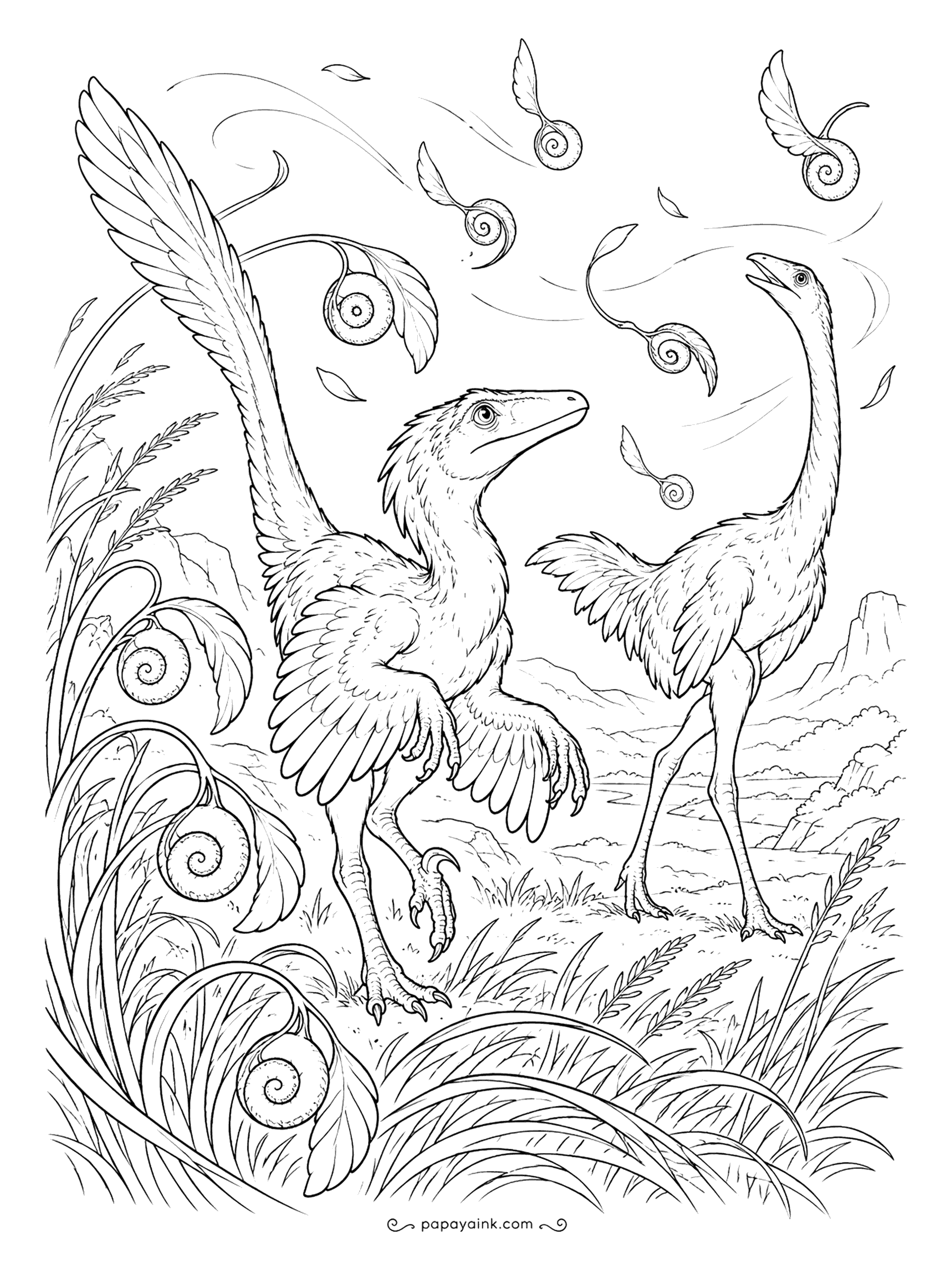 Velociraptor Coloring Pages - Spiral seeds whirl by on the wind, and a velociraptor and a long-legged avimimus try to catch them in the tall grass. Curling fronds frame the left edge. Motion lines everywhere - a lively one.