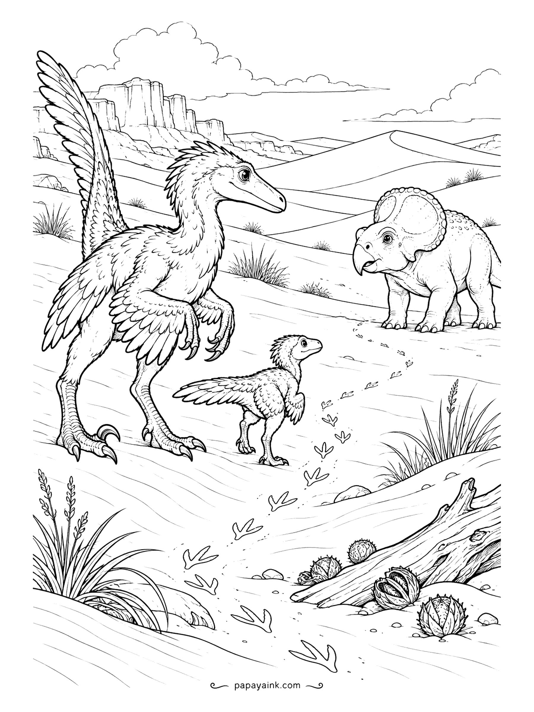 Velociraptor Coloring Pages - Out on the dunes, an adult velociraptor and its chick meet a protoceratops, tiny three-toed tracks trailing behind the youngster. One famous Gobi fossil preserves these two species locked in a fight. Sand ripples and spiky pods to fill.