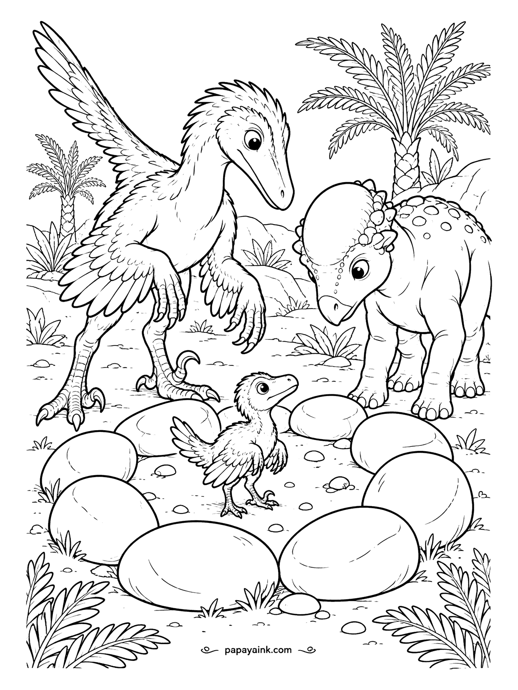 Velociraptor Coloring Pages - A ring of smooth stones, a curious chick in the middle and a dome-headed dinosaur leaning in to meet it. The parent stands guard on the other side. Big rounded shapes and palm fronds - easy, friendly coloring.