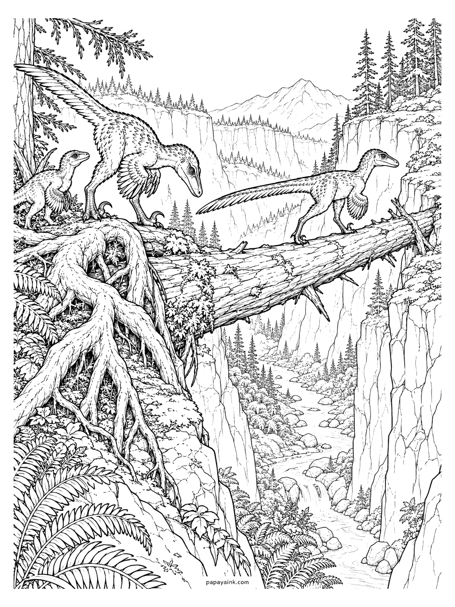 Velociraptor Coloring Pages - A velociraptor family crosses a deep forest gorge on a huge fallen tree with tangled roots, high above a mountain stream. Detailed.