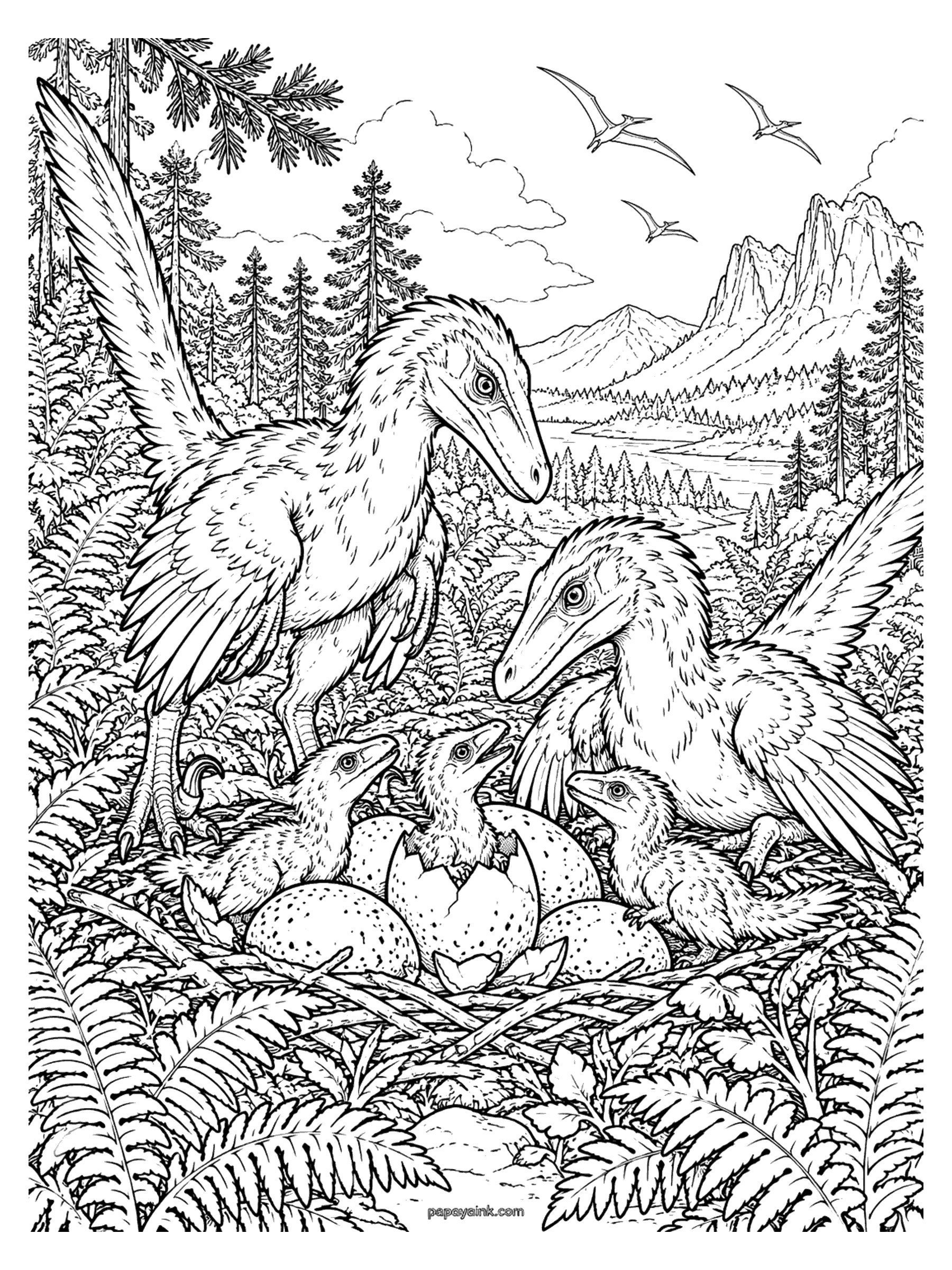 Velociraptor Coloring Pages - Two velociraptor parents watch over a nest of speckled eggs as fluffy chicks hatch, with pterosaurs gliding above the pines. Detailed.