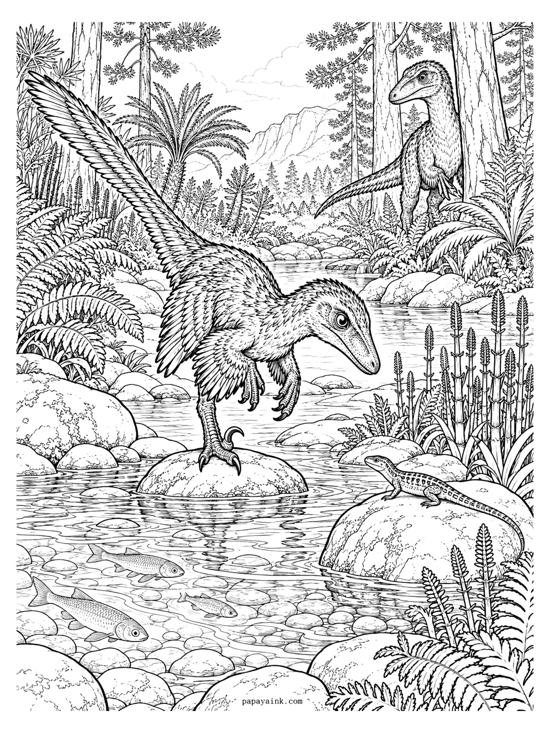 Velociraptor Coloring Pages - A velociraptor balances on a river stone and watches the fish below while a lizard basks nearby and a second raptor waits in the trees. Detailed.