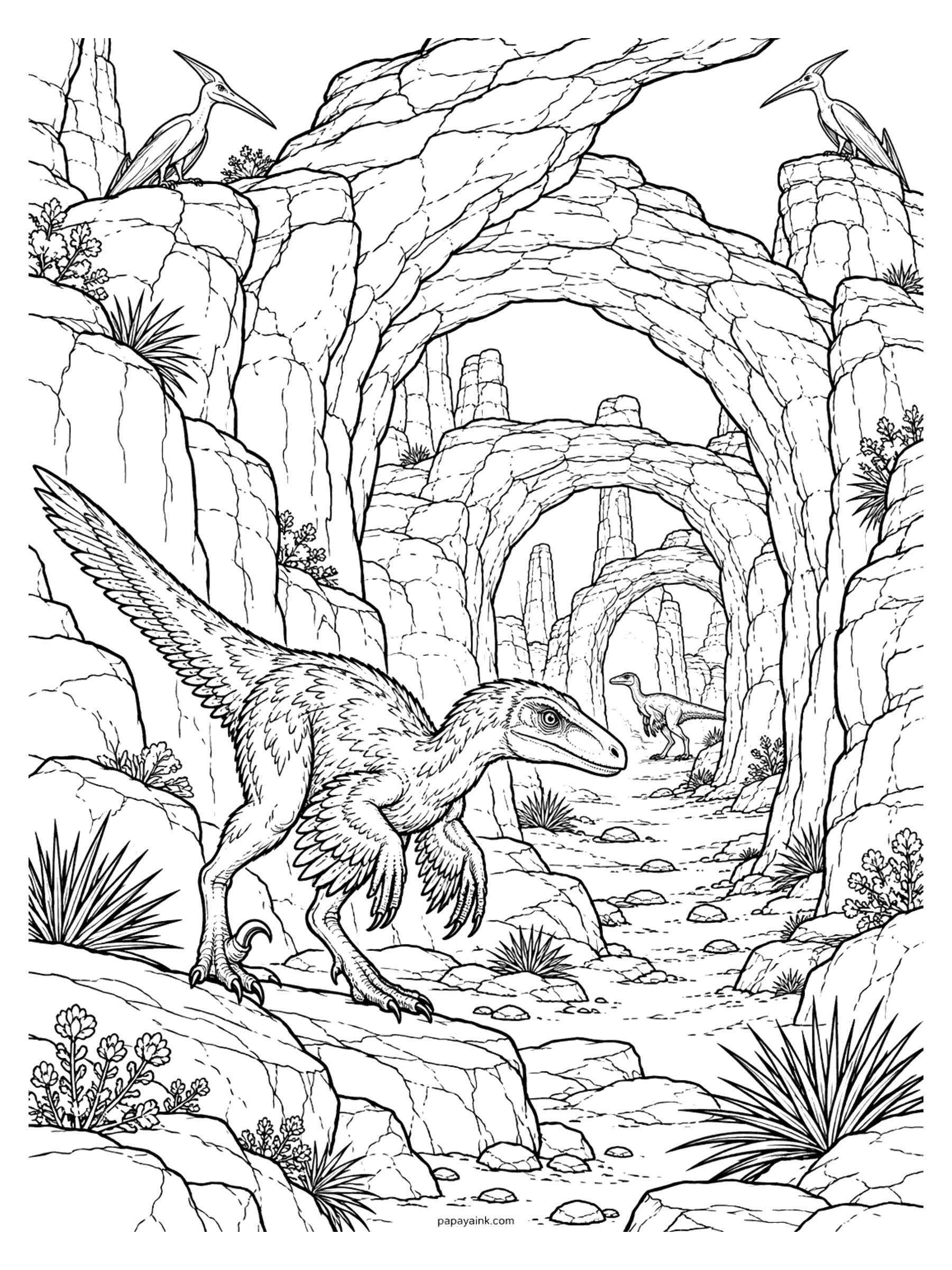 Velociraptor Coloring Pages - A velociraptor prowls through a desert canyon of natural stone arches while pterosaurs perch on the rocks overhead.