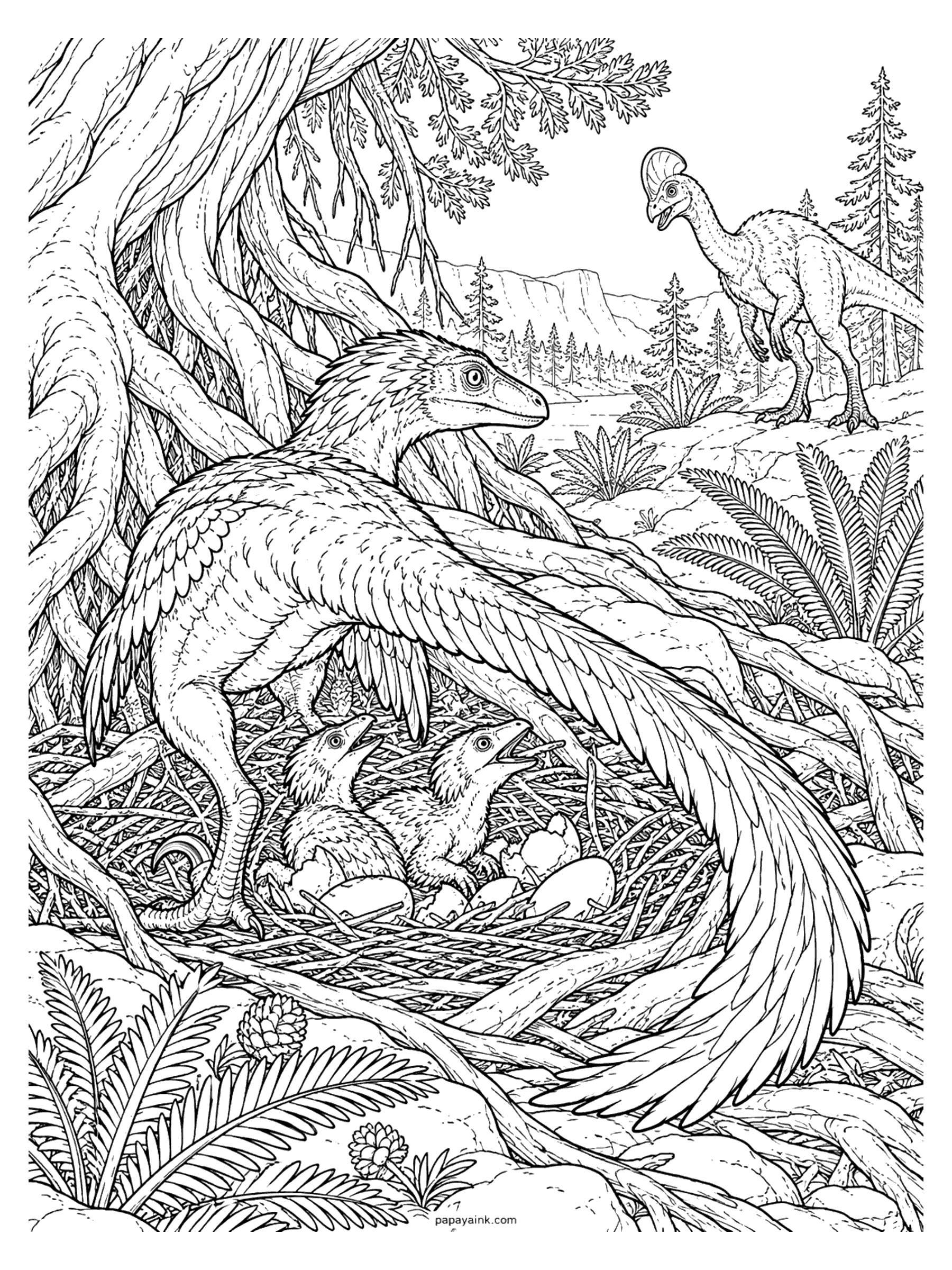 Velociraptor Coloring Pages - A velociraptor mother spreads her feathered arms over her hatchlings among giant tree roots as a crested egg thief approaches. Detailed.