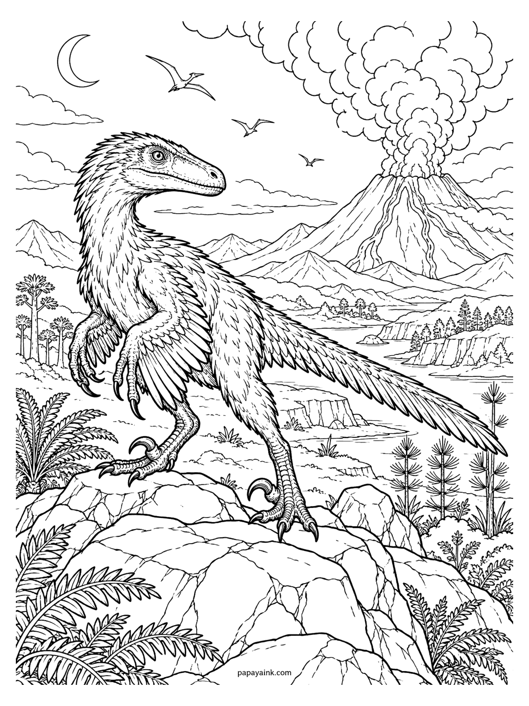 Velociraptor Coloring Pages - A velociraptor turns its head on a rocky outcrop while a volcano sends up a tower of smoke under a crescent moon.