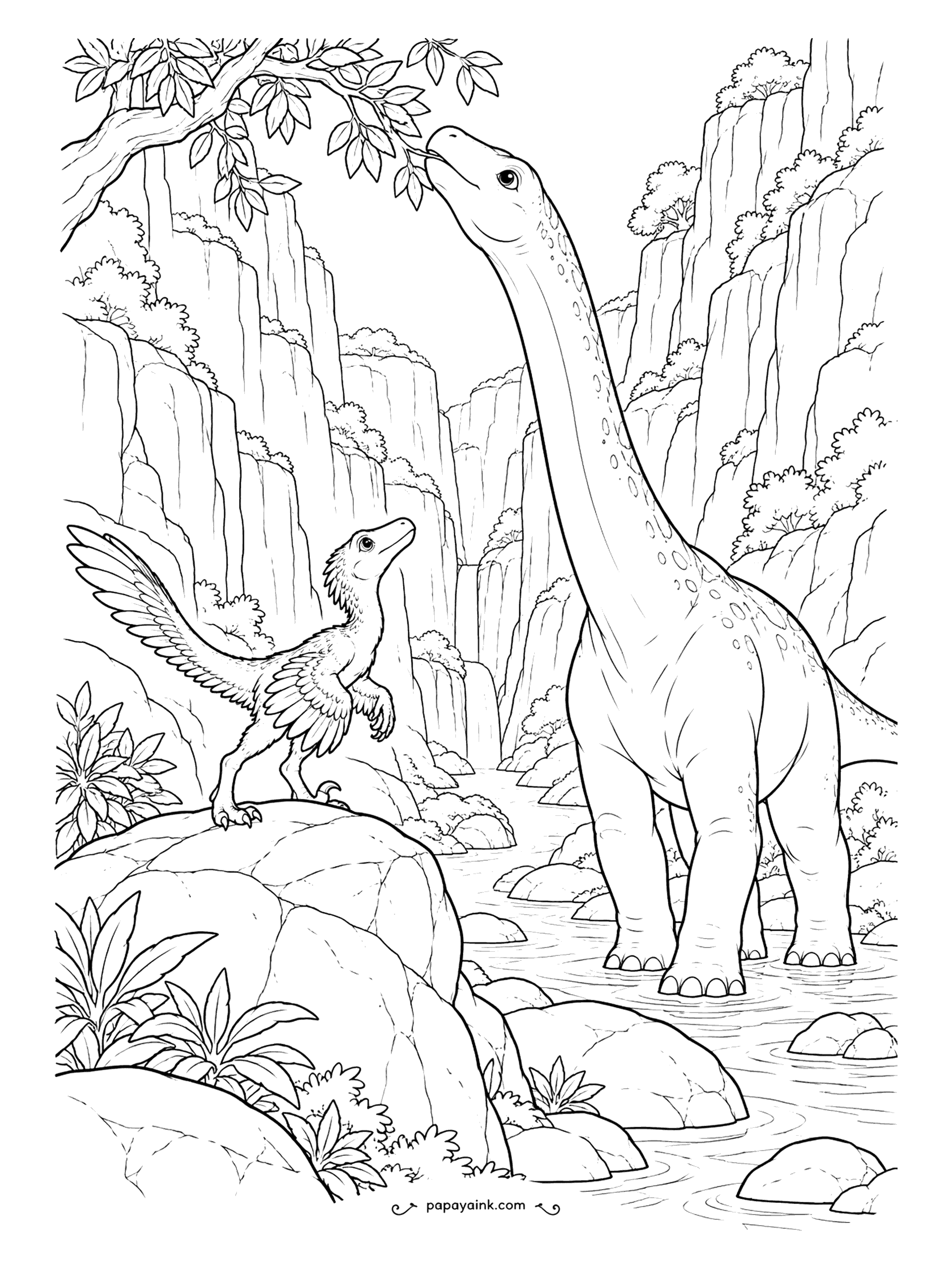 Velociraptor Coloring Pages - High on a canyon boulder, a young velociraptor watches a sauropod wade through the river to nibble leaves. Cliff walls climb on both sides - layered grays and tans for the rock.