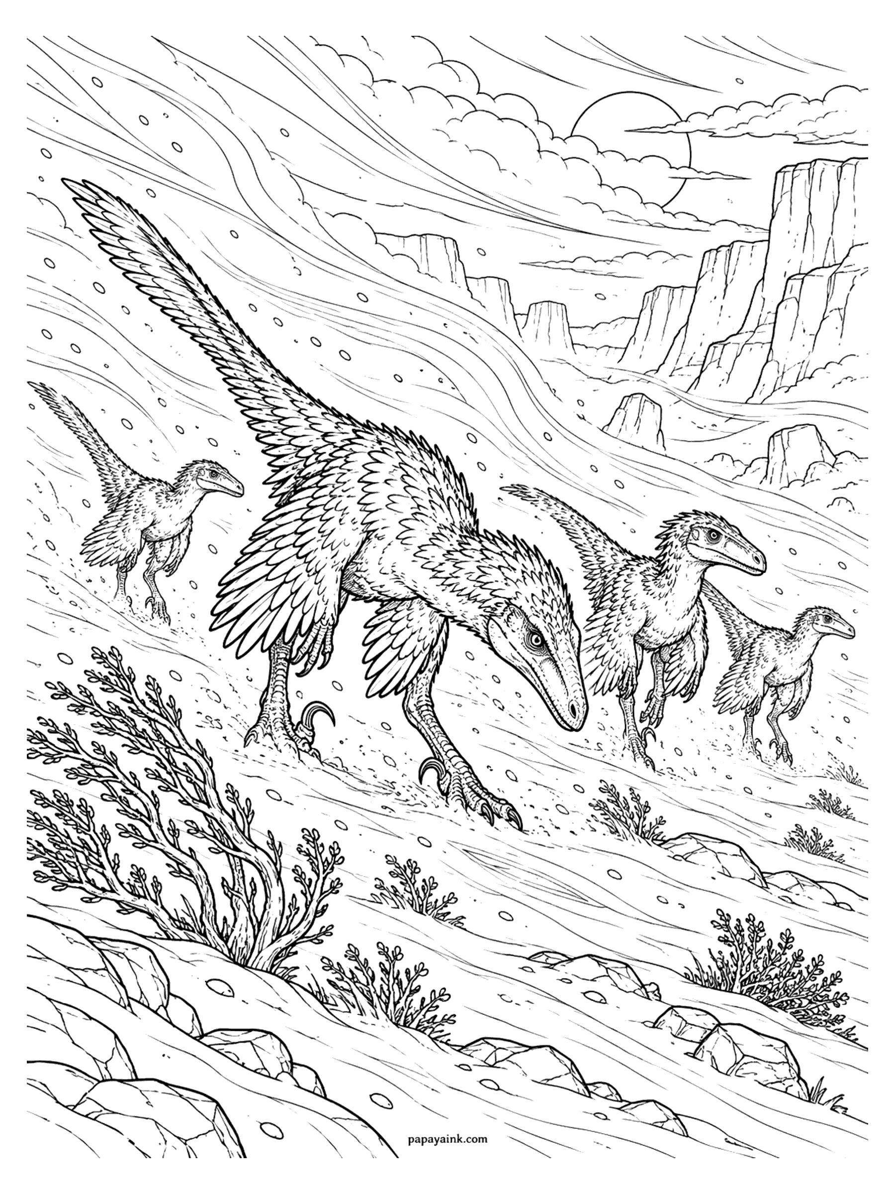 Velociraptor Coloring Pages - A velociraptor pack pushes through a swirling desert sandstorm under a hazy sun, heads low against the wind.