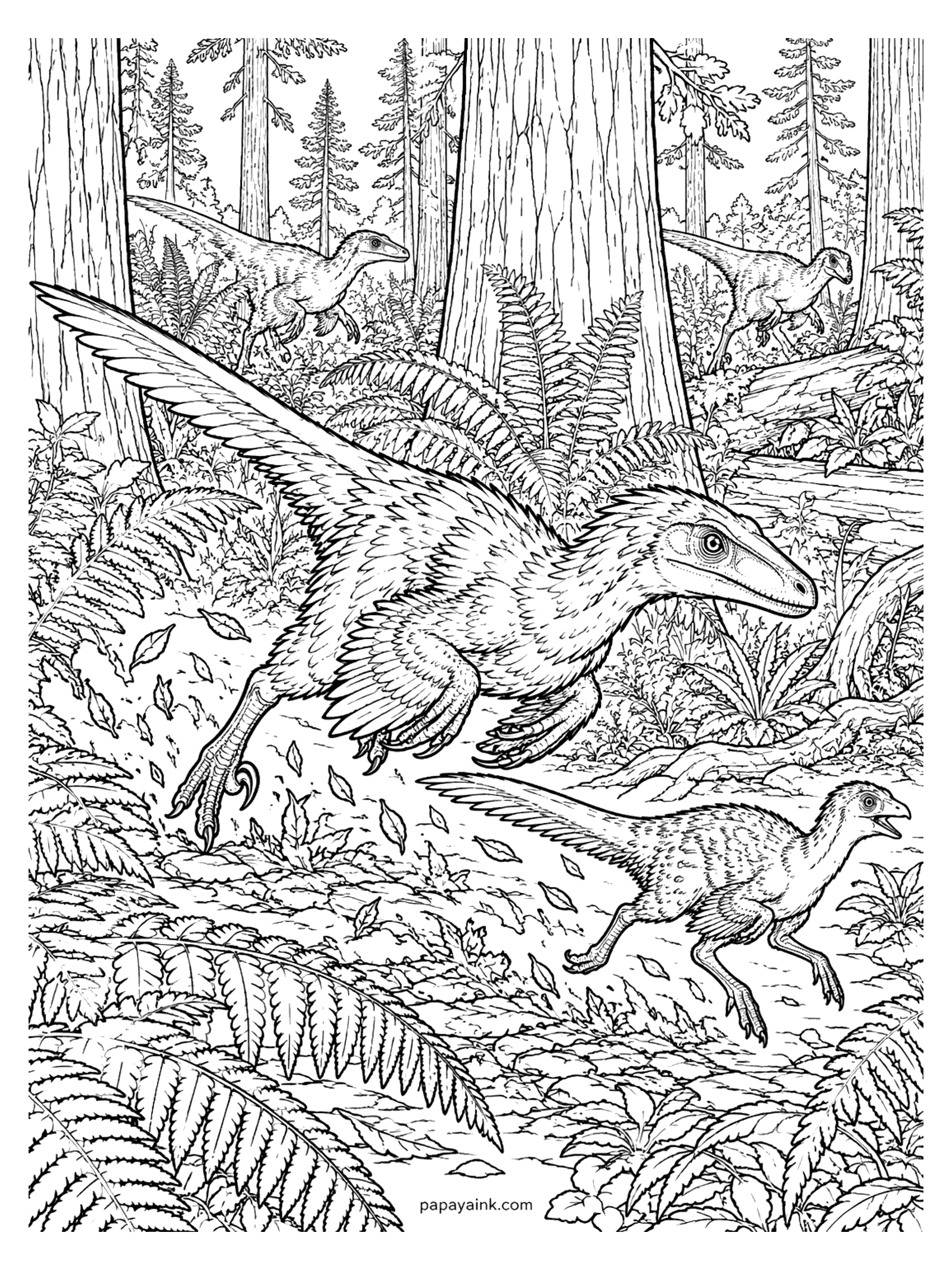 Velociraptor Coloring Pages - A velociraptor sprints through a giant conifer forest after a small feathered dinosaur, kicking up leaves among the ferns. Detailed.