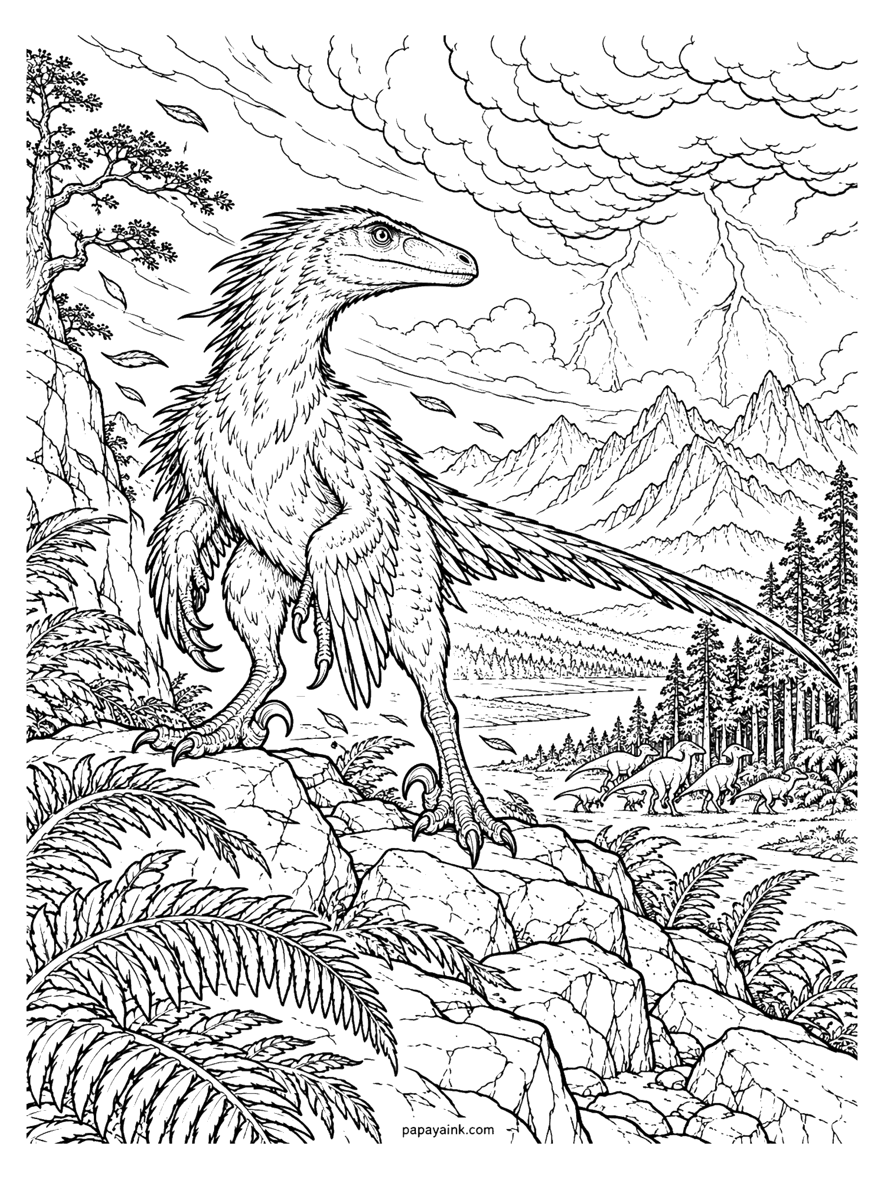 Velociraptor Coloring Pages - A tall velociraptor stands on the rocks as lightning splits the storm clouds over the mountains and a herd hurries for cover. Detailed.