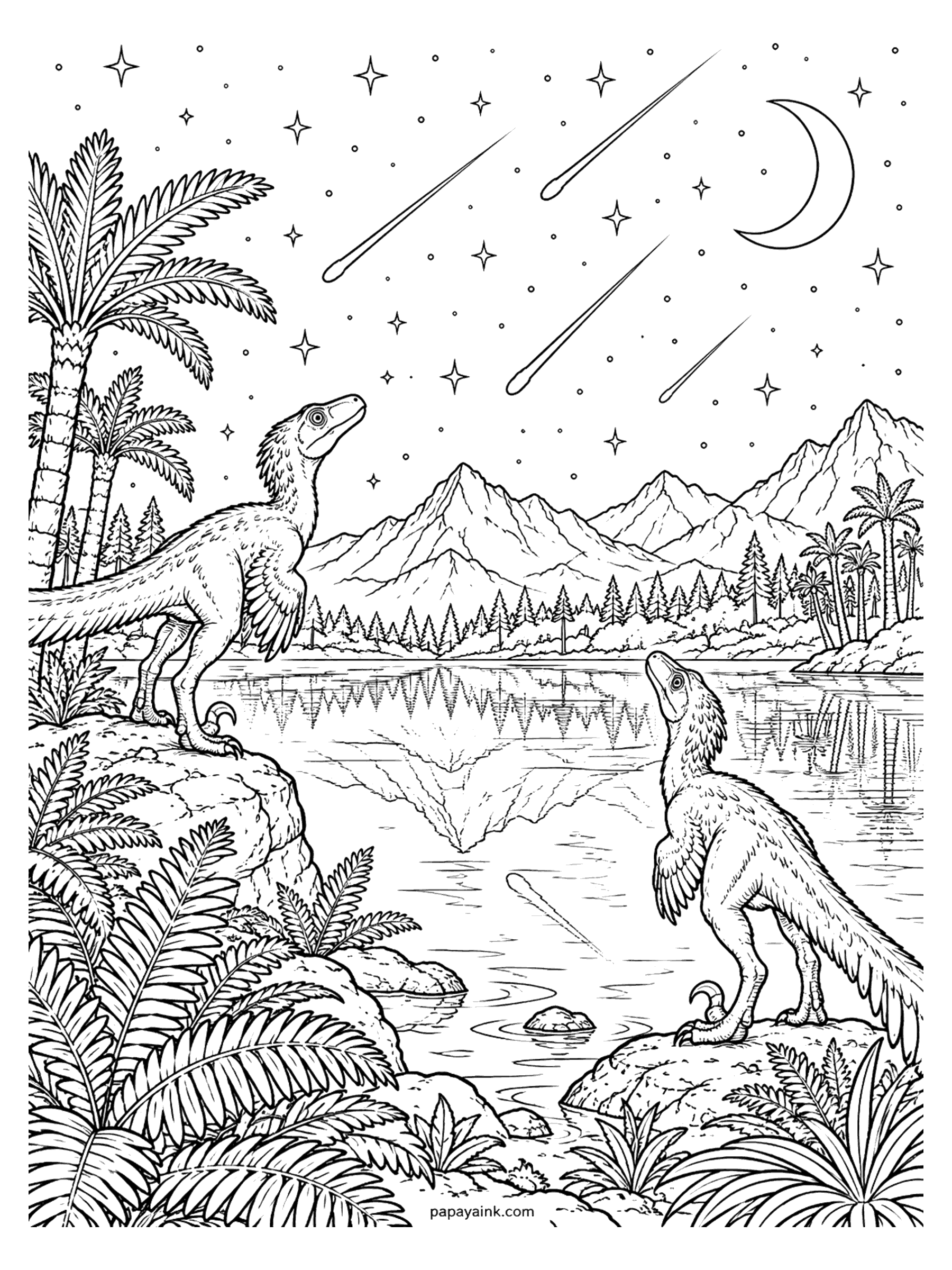 Velociraptor Coloring Pages - Two velociraptors look up from the shore of a mountain lake as shooting stars streak across a starry night sky.