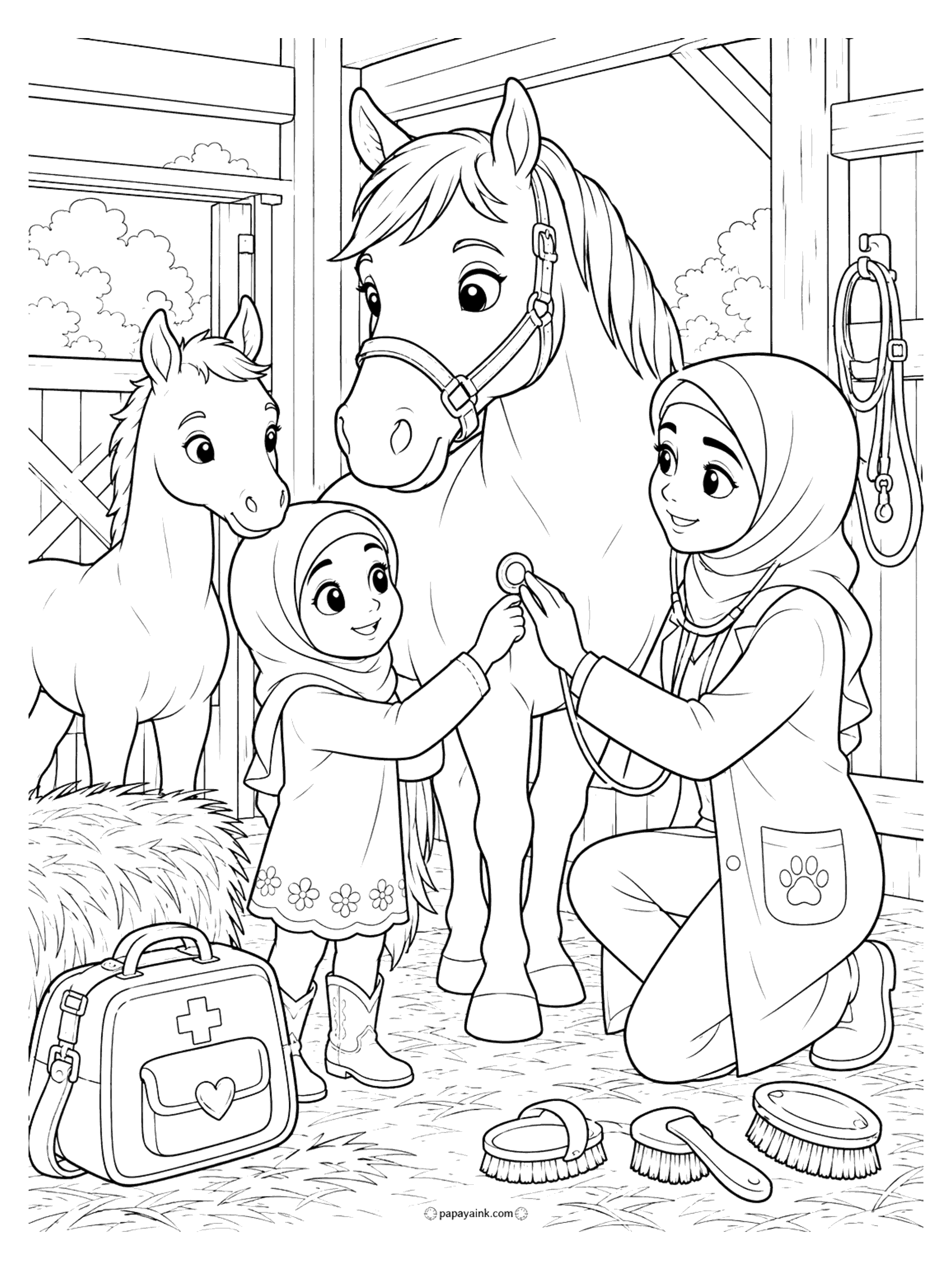 Horse Coloring Pages - A veterinarian kneels with a stethoscope while a little girl helps check a pony, with a curious foal, hay and a medical bag in the barn.