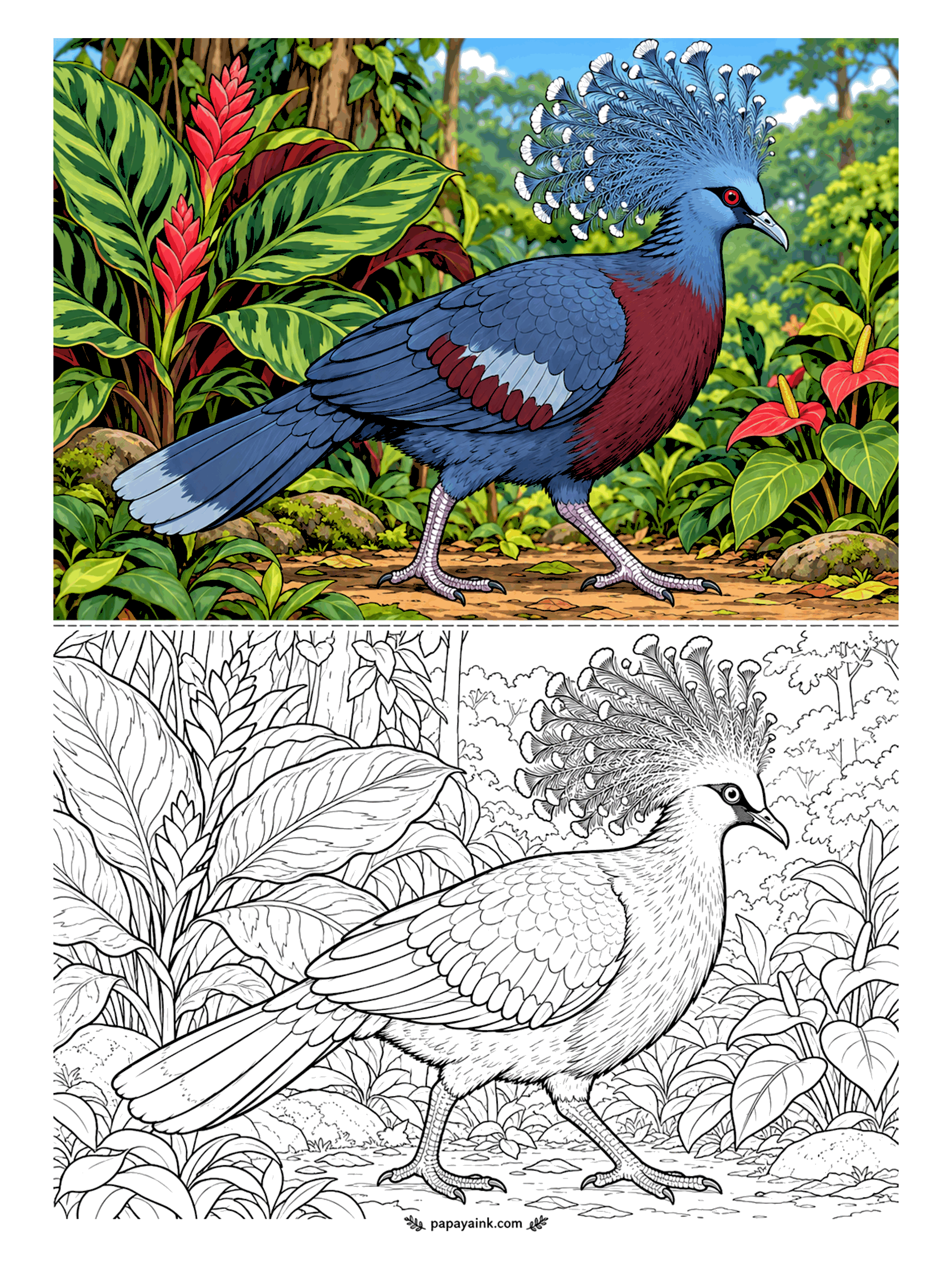 Bird Coloring Pages - A pigeon the size of a small turkey, wearing a crown of lace. The Victoria crowned pigeon paces the forest floor between red ginger and anthurium leaves. Slate blue over most of the bird, a maroon chest, and leave the crest tips unfilled. Detailed.
