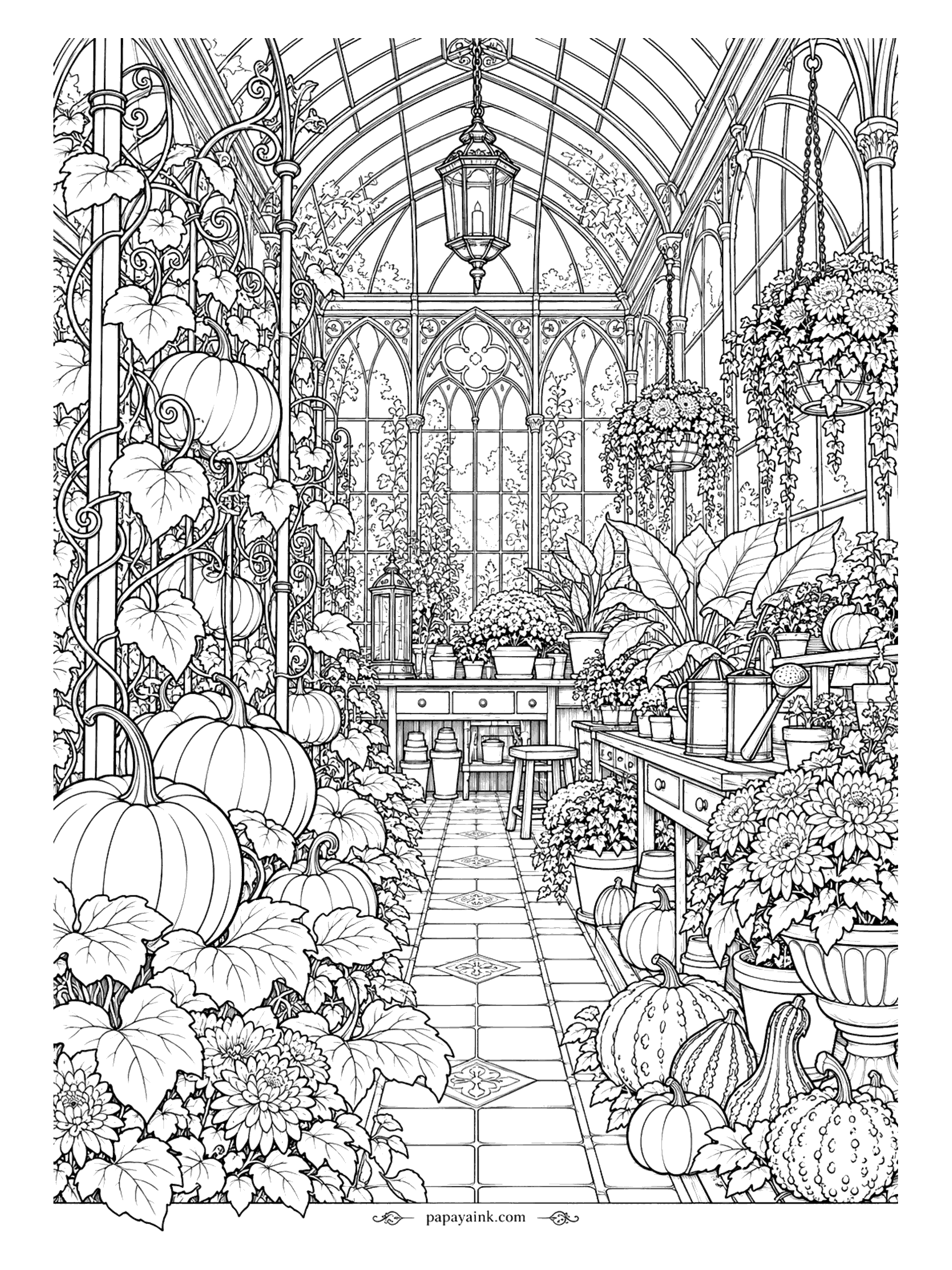 Halloween Coloring Pages for Adults - Pumpkin vines have taken over the ironwork of a glass conservatory, with hanging baskets, a potting table and a lantern under the vault. The arched windows are mostly empty panes - color the view through them any season you like. Detailed.
