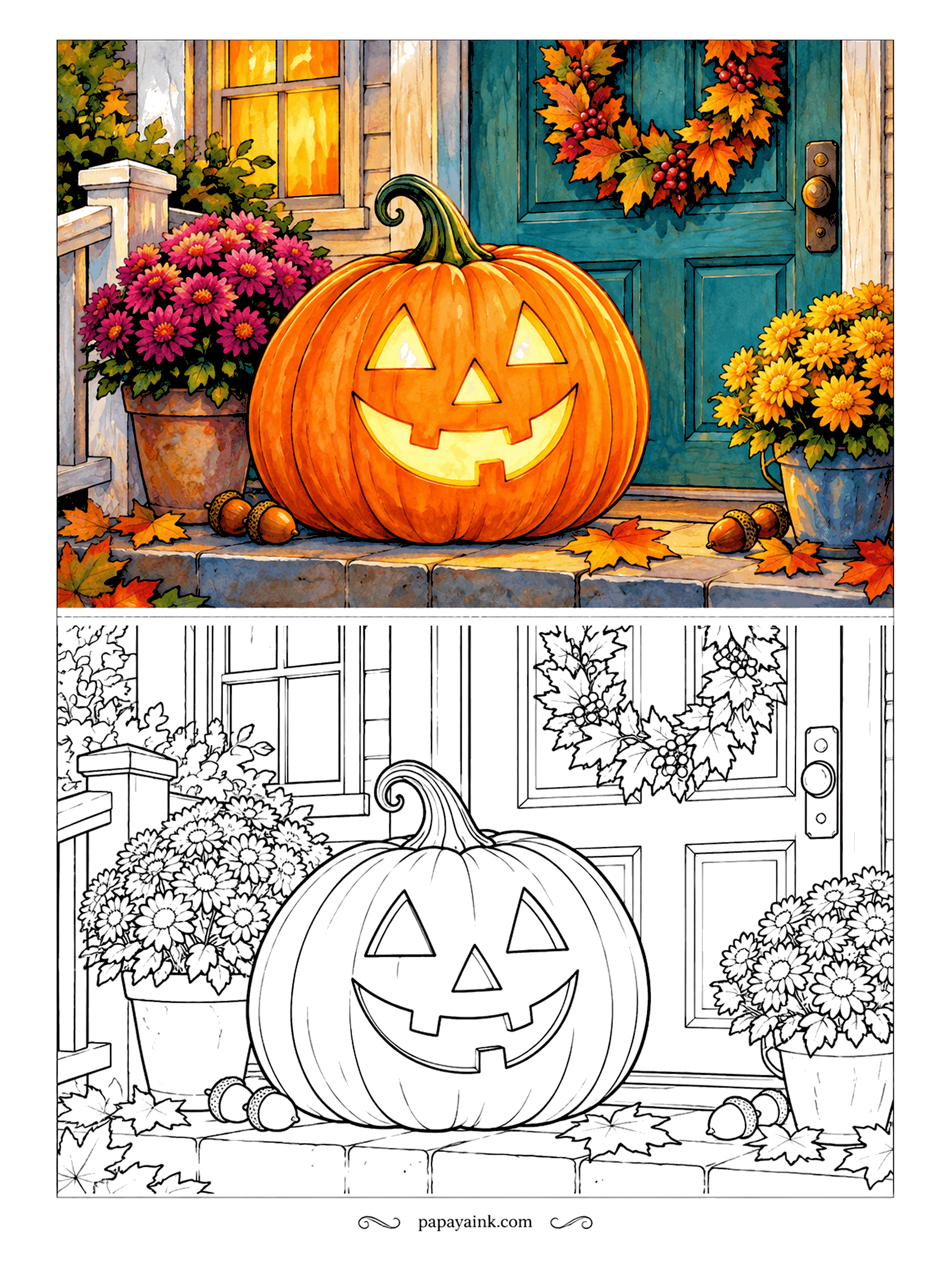 Pumpkin Coloring Pages - Someone has already lit the porch for trick-or-treaters. A grinning jack-o'-lantern sits on the step by a teal front door, with pots of mums on either side, a leaf wreath above and acorns scattered across the stone. Detailed.