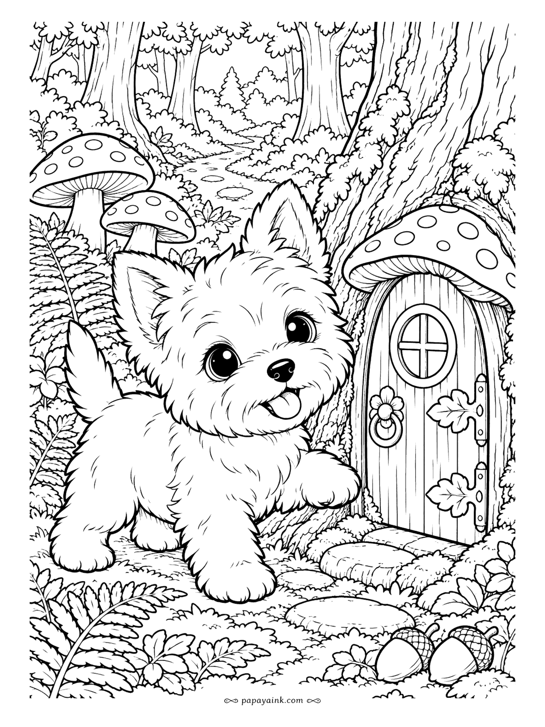 Puppy Coloring Pages - Someone lives behind the little door in the oak tree, and the Westie puppy is knocking. Spotted mushrooms, ferns and acorns on the forest floor. Reds for the mushroom caps, a deep green for the woods behind.