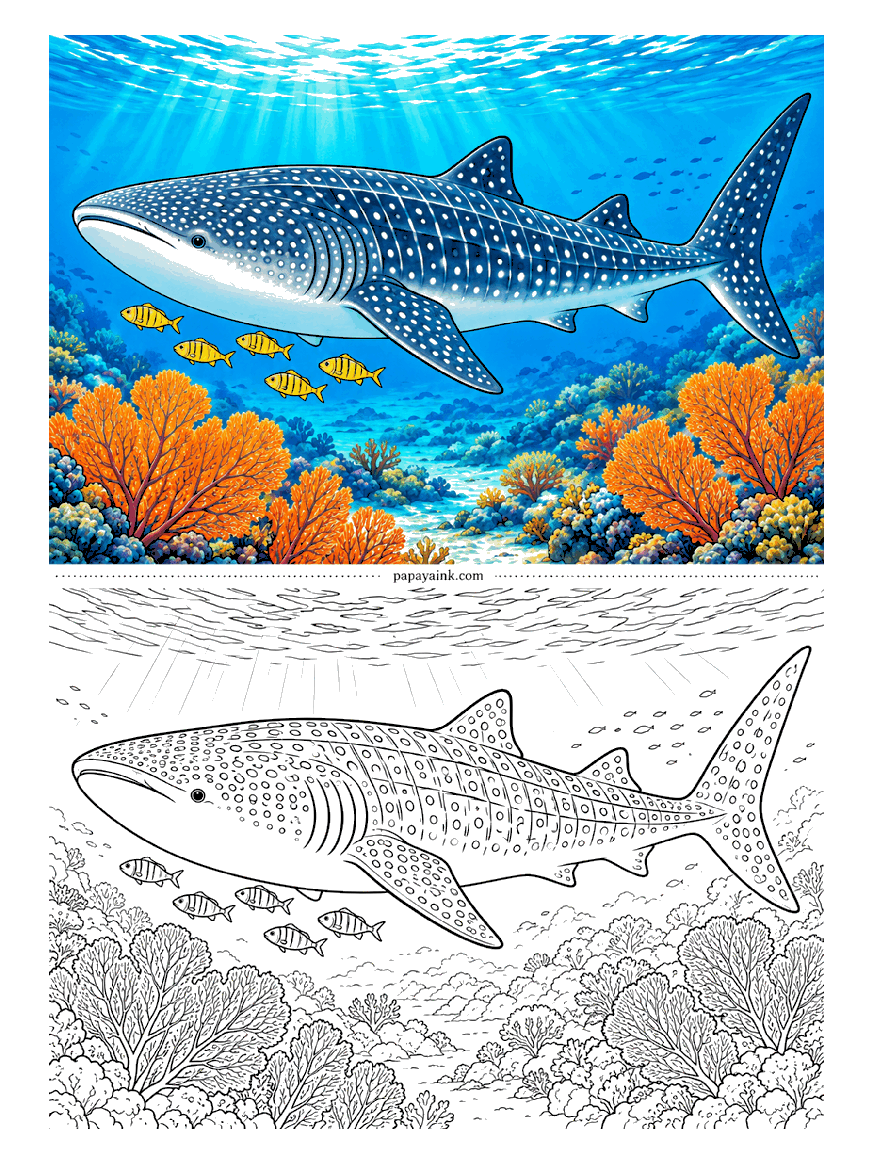 Shark Coloring Pages - The biggest fish alive eats some of the smallest food in the sea, straining plankton through a mouth as wide as a doorway. No two whale sharks share the same spot pattern. Leave every spot white and color around it.