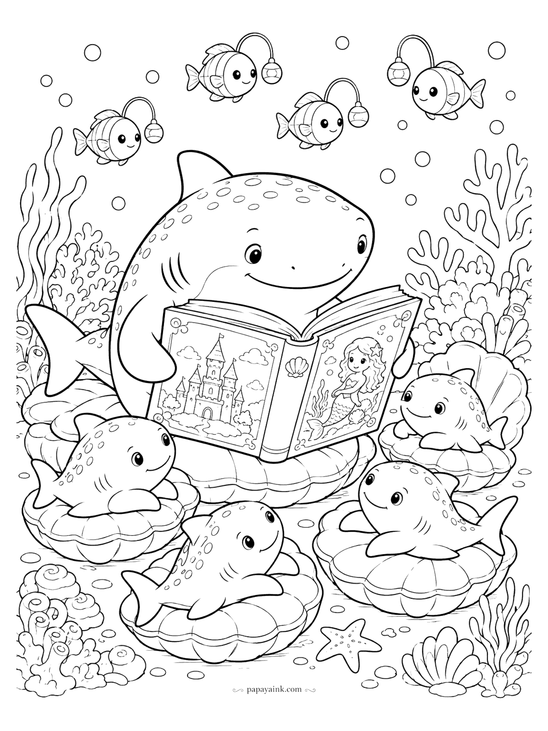 Shark Coloring Pages - A whale shark reads a bedtime story to five baby whale sharks tucked into seashell beds while lantern fish glow above.