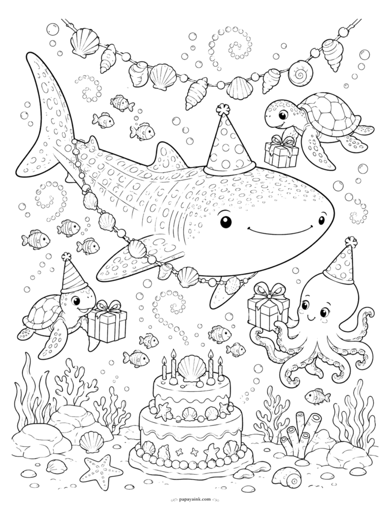 Shark Coloring Pages - A whale shark in a party hat celebrates a birthday under the sea with sea turtles, an octopus with a gift, a shell garland and a tiered cake. Detailed.