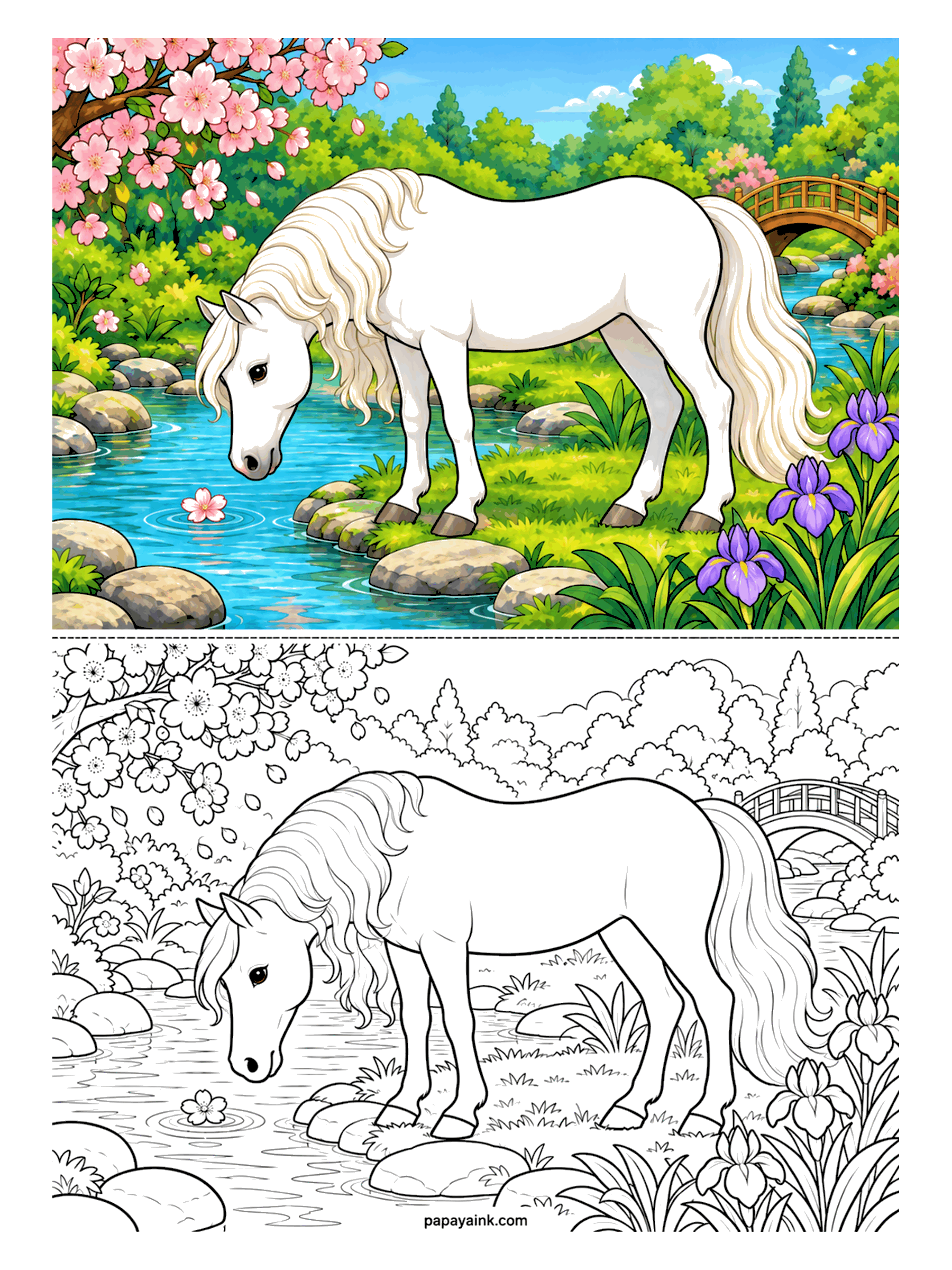 Horse Coloring Pages - Cherry blossom season, and the white horse has stopped to drink where the stream runs clearest. Petals ride the ripples past the stepping stones; irises crowd the bank below the arched bridge. One soft gray for every shadow on the coat - that is the whole trick to a white horse.
