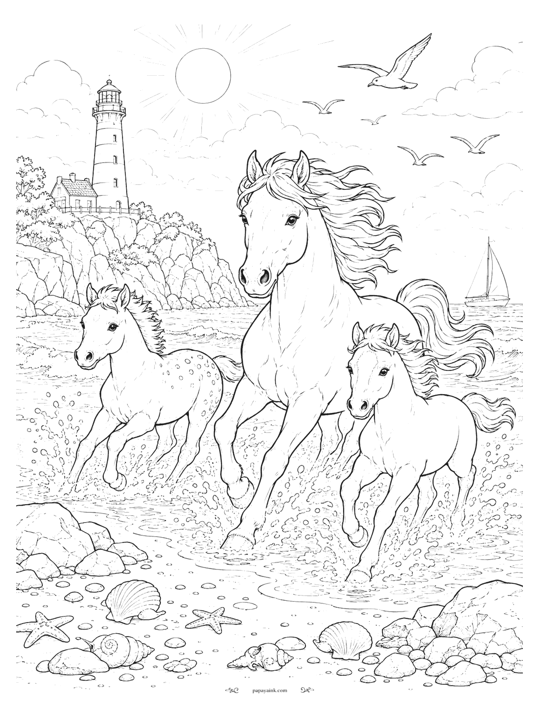 Horse Coloring Pages - Three horses gallop through the surf below a lighthouse, with gulls overhead, a sailboat on the horizon and shells and starfish on the sand.