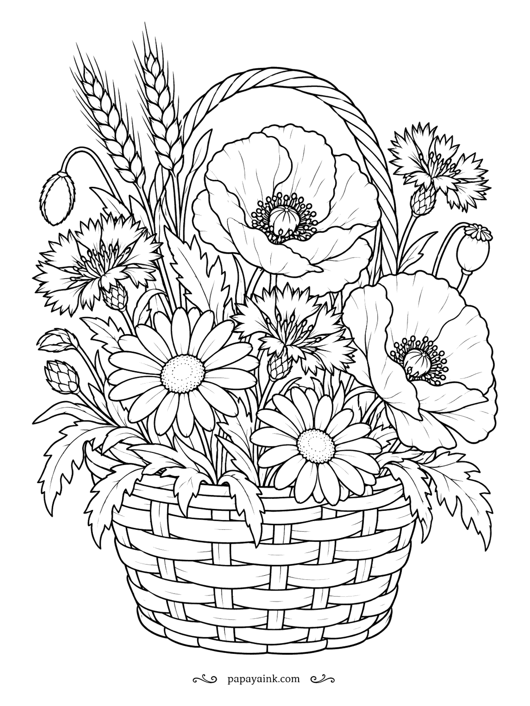 Flower Coloring Pages - Poppies, cornflowers, daisies and a few ears of wheat - the flowers that grow along the edges of grain fields, gathered into one woven basket. Blue cornflowers next to red poppies is the classic pairing.