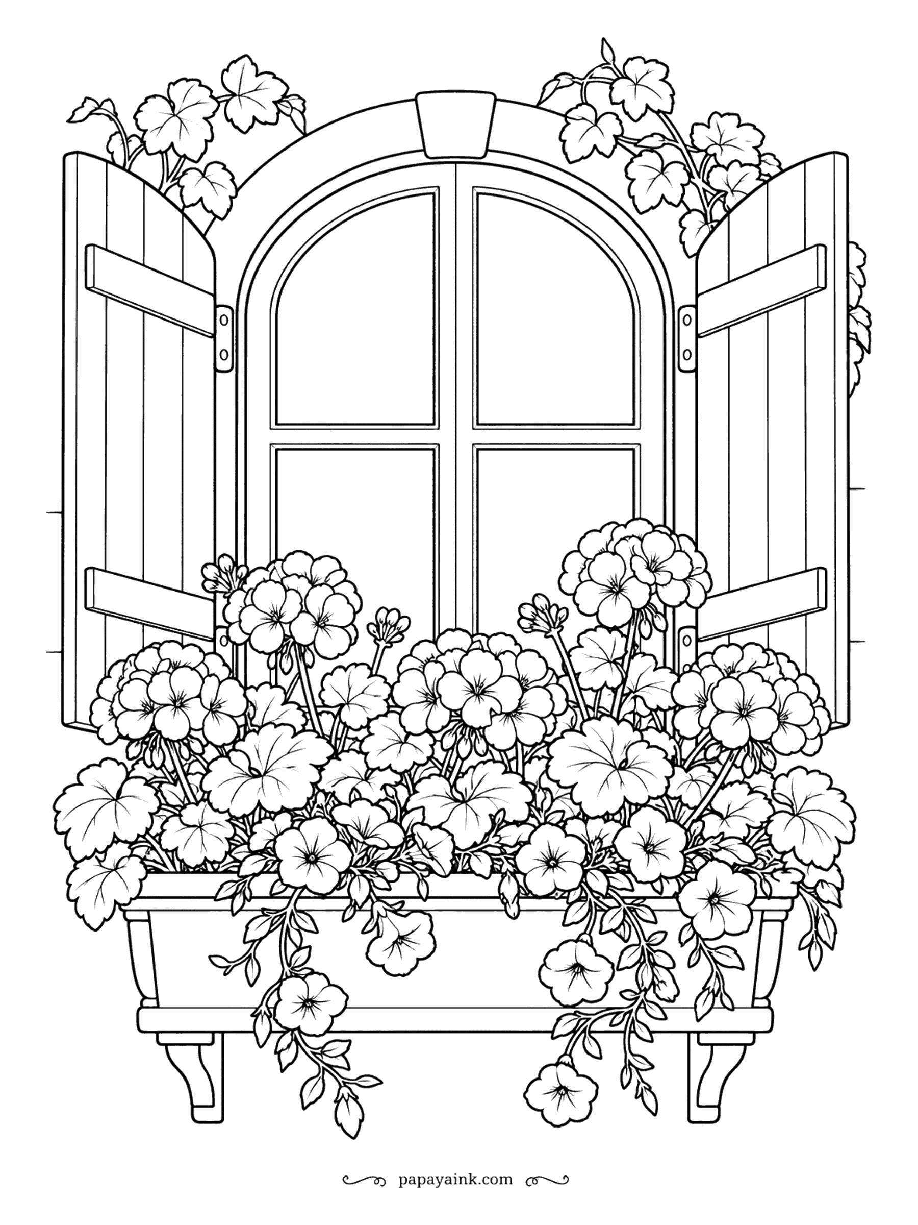 Flower Coloring Pages - Shutters thrown open and a window box overflowing - the European balcony look. Geranium clusters crowd the planter and trailing stems hang over the edge, with ivy climbing the frame above. Reds and pinks pop against pale shutters.
