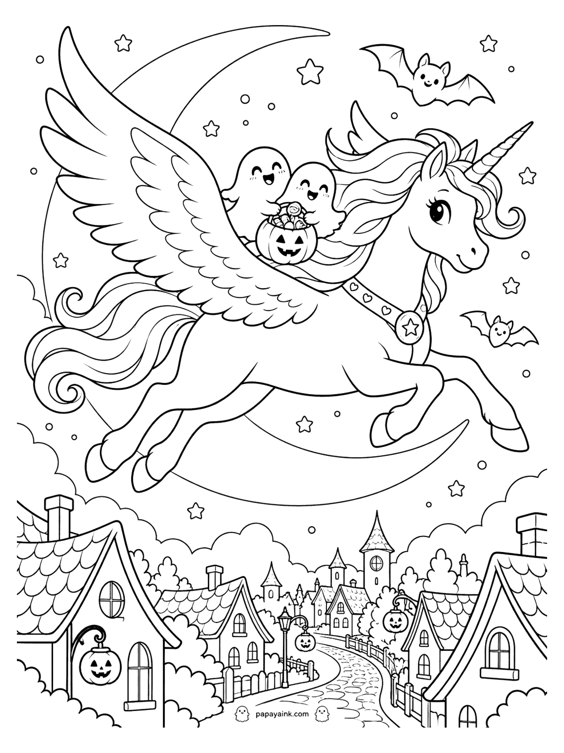 Halloween Unicorn Coloring Pages - Winged unicorn flying past a crescent moon with two little ghosts and a candy bucket on her back, high above a Halloween village.