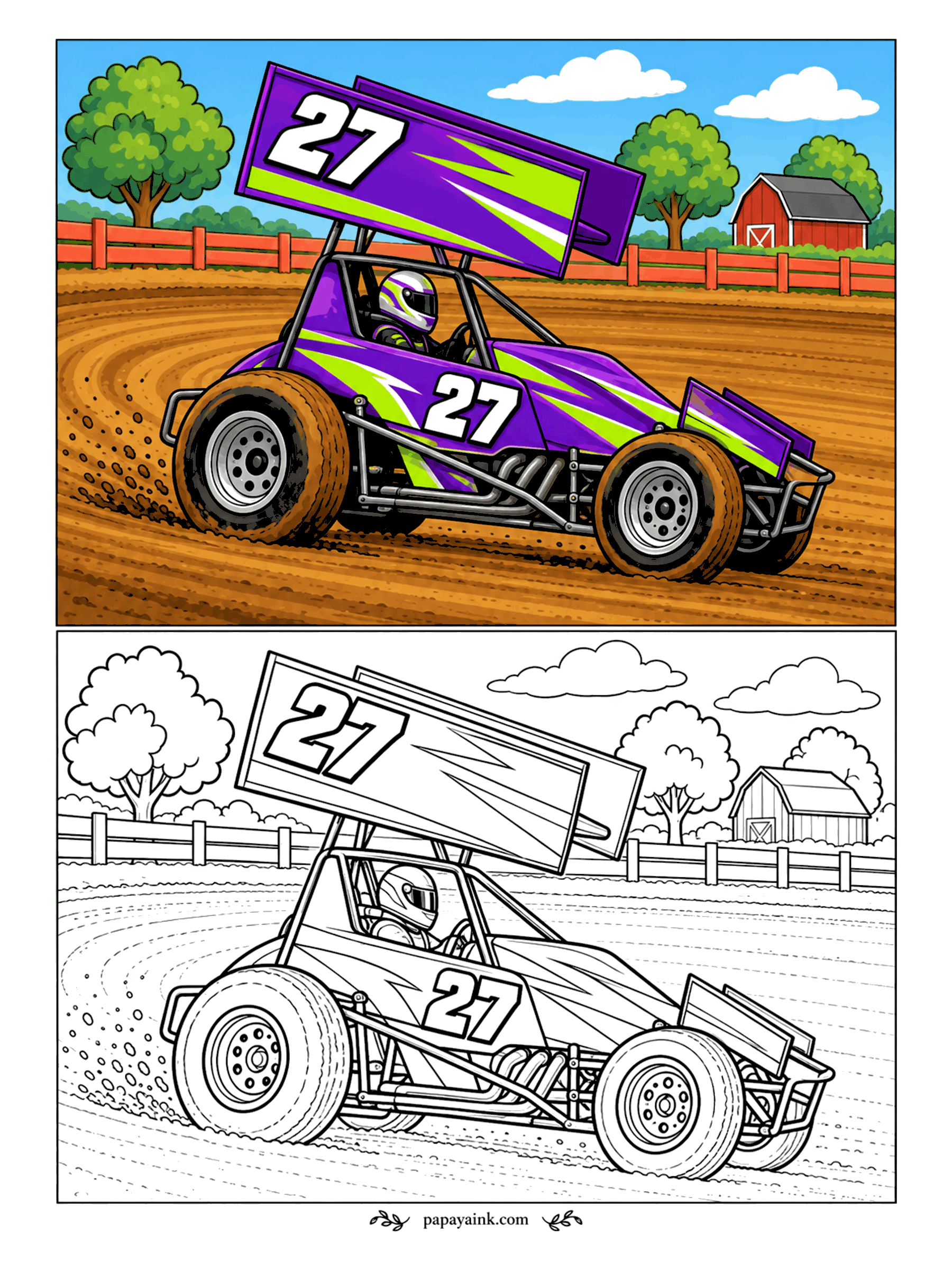 Race Car Coloring Pages - Sprint cars wear their wings on the roof, and this one carries its 27 up there too. It slides through a dirt oval in farm country, clods flying off the tires. A red barn waits in the corner.